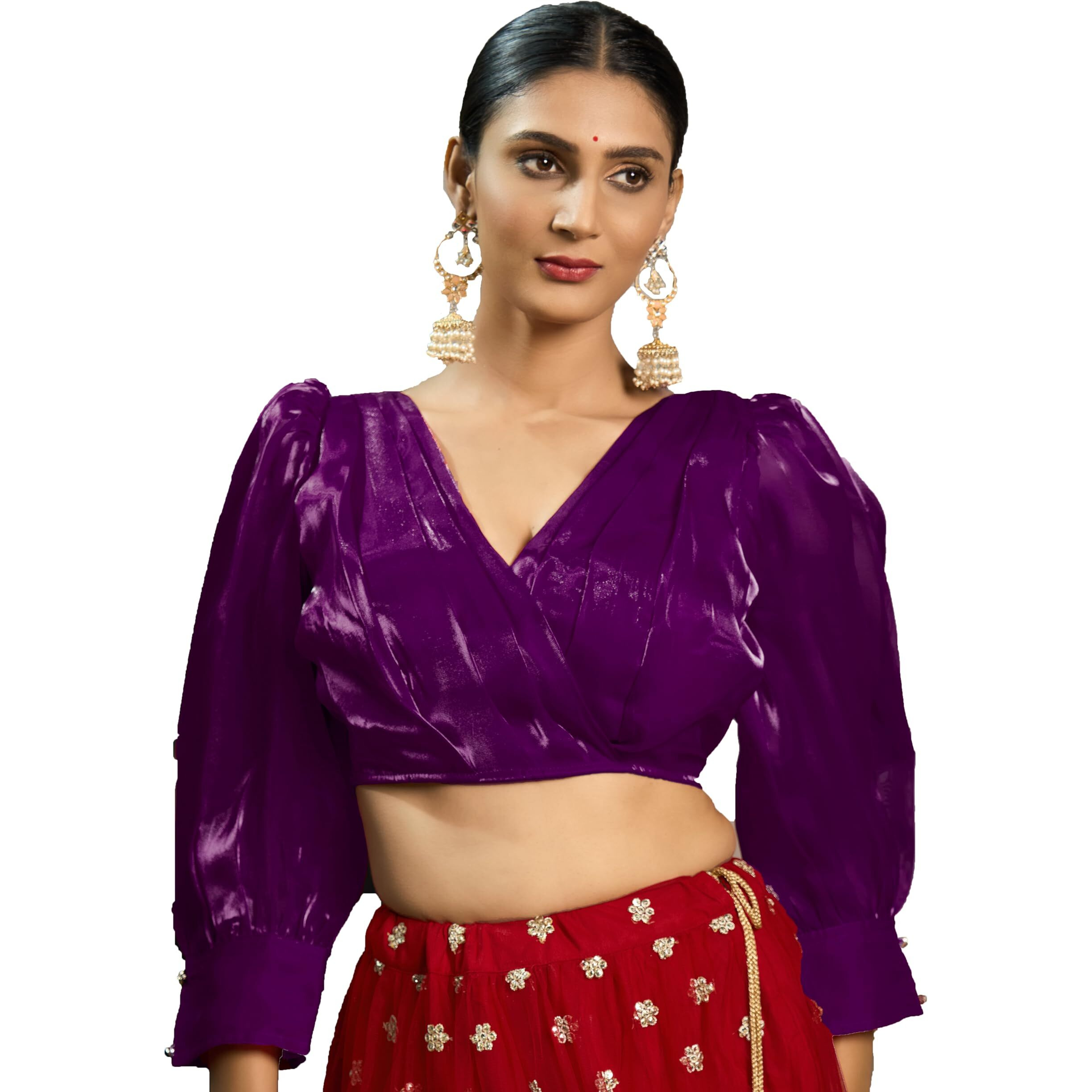 Pujia Mills Women's Rafale Silk Full Balloon Sleeve V Neck Blouse(Gangu) (Wine, 34)