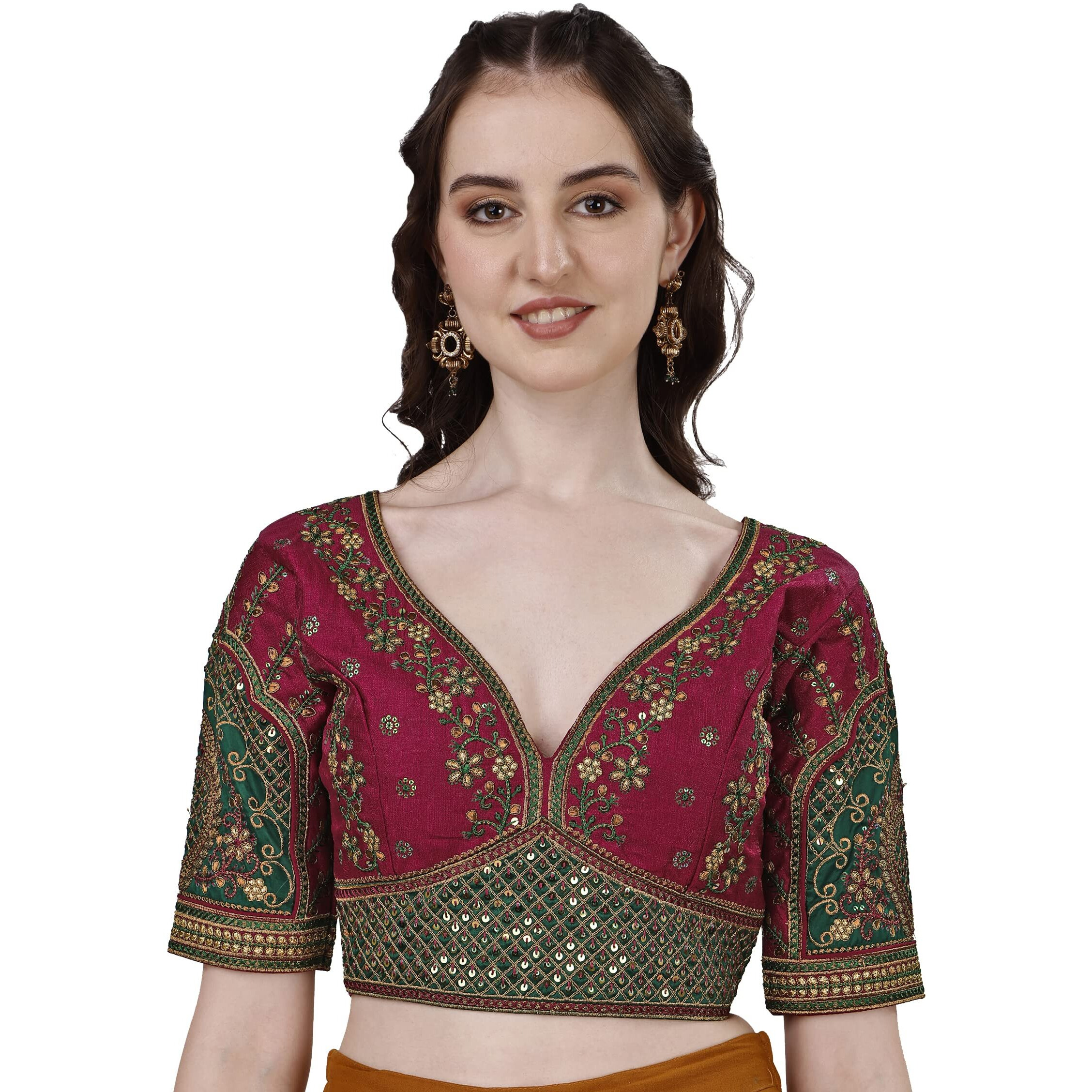Pujia Mills Women's Heavy Embroidery Coding With Sequins Work Half Sleeves Fancy Readymade Saree Blouse(Rajwadi Maroon_42)
