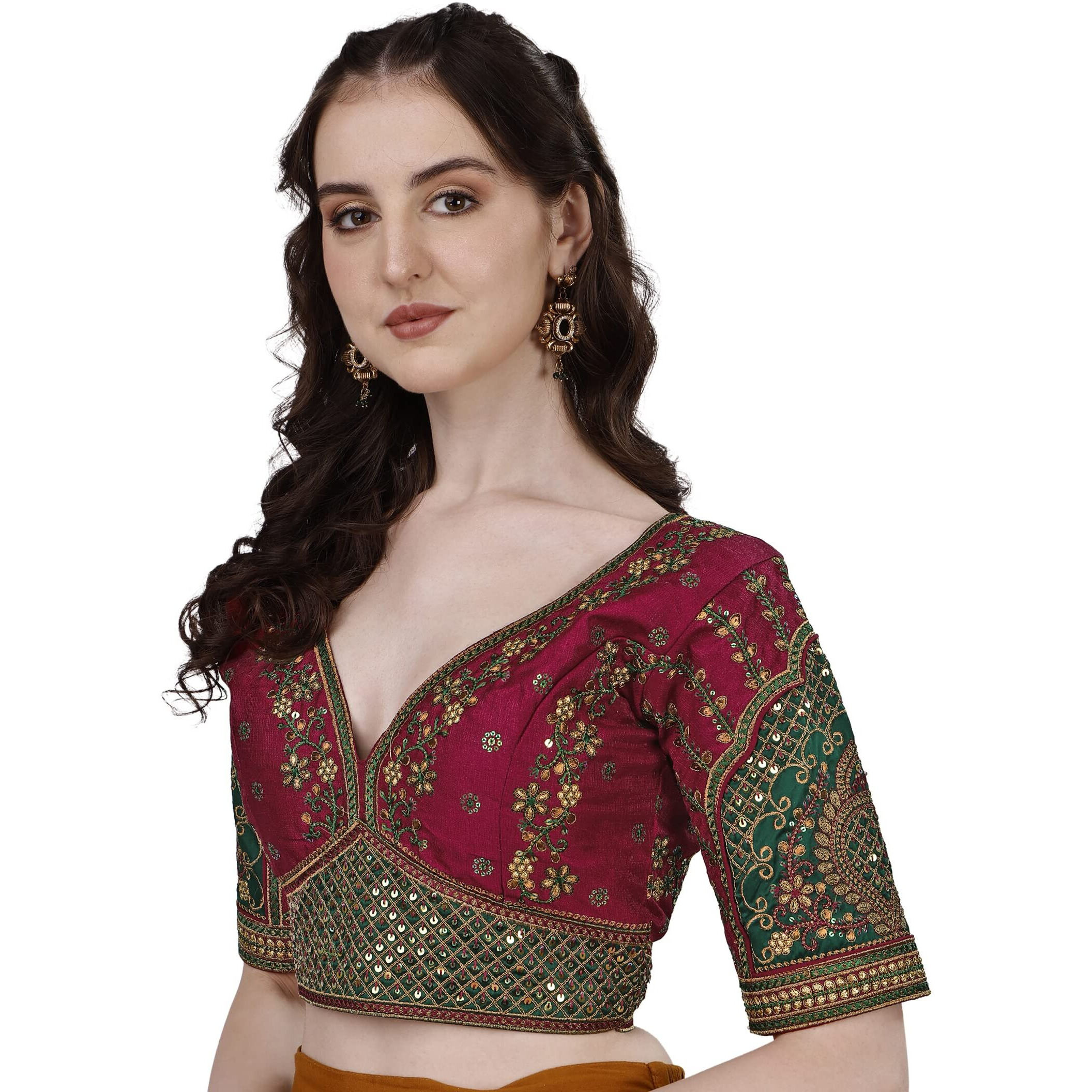 Pujia Mills Women's Heavy Embroidery Coding With Sequins Work Half Sleeves Fancy Readymade Saree Blouse(Rajwadi Maroon_42)