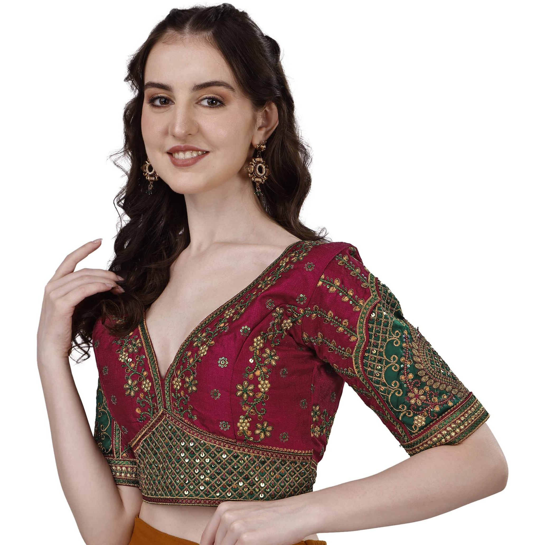 Pujia Mills Women's Heavy Embroidery Coding With Sequins Work Half Sleeves Fancy Readymade Saree Blouse(Rajwadi Maroon_42)