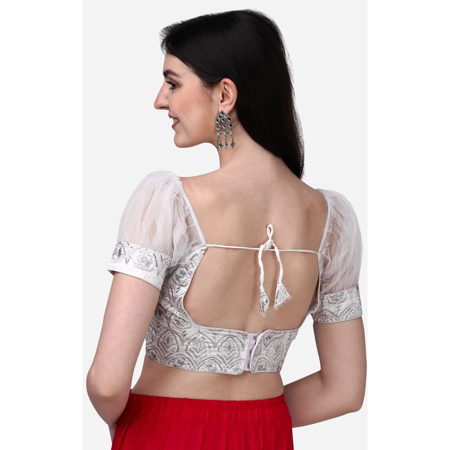 Pujia Mills Womens Net Fabrics Round Neck Puff Sleeve Blouse (White, 32)