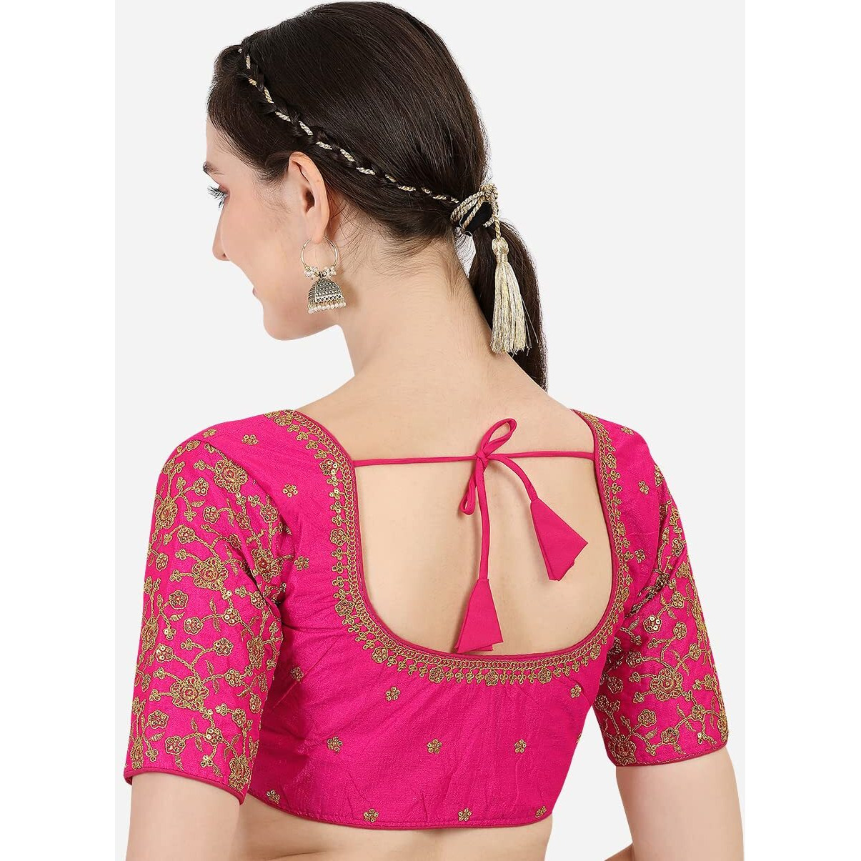 Pujia Mills Women's Phantom Silk Flowerhalf Sleeve Saree Blouse (Flowerr Blouse_Gold_36 Size+Margin)