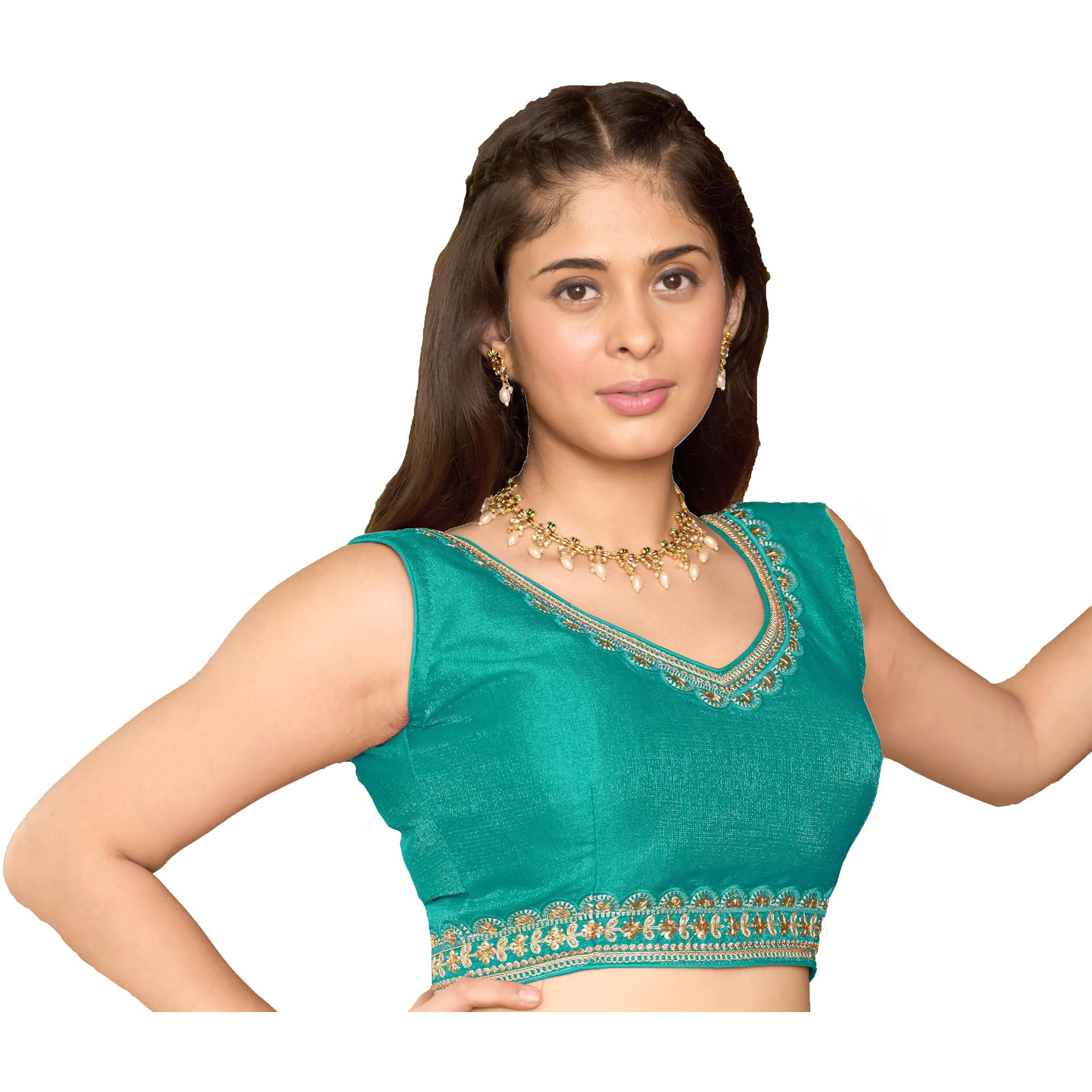 Pujia Mills Women's Sequin Embroidered V Neck Sleeveless Readymade Saree Blouse Indian Ethnic Designer Stitched Readymade Sequence Saree Blouse Sleeveless Blouse Readymade Rama Blouse For Women