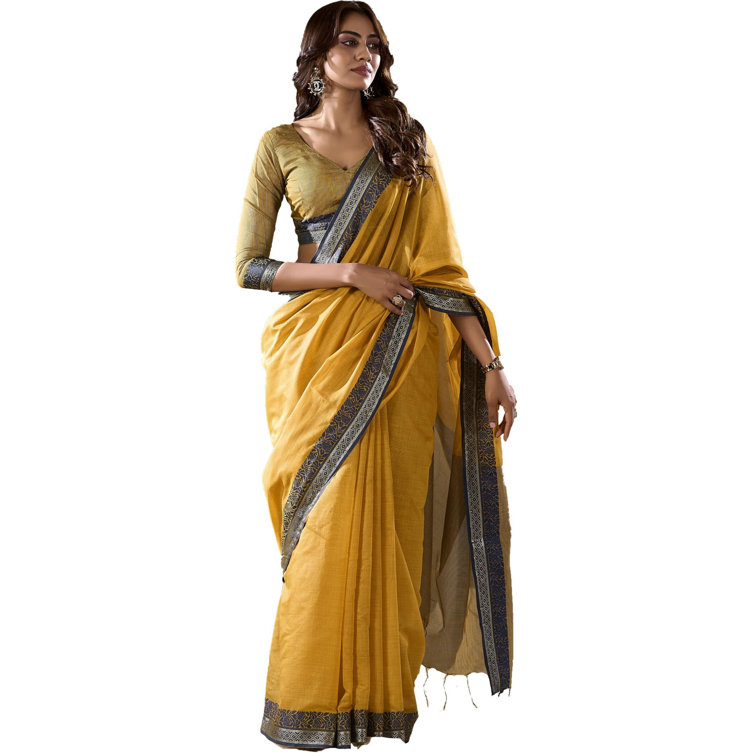Pujia Mills Women's Handloom Cotton Saree With Contrast Weaving Border Indian Ethnic Wear Saree Office Wear Cotton Saree With Unstitch Blouse Piece Casual Saree Yellow Plain Cotton Simple Saree