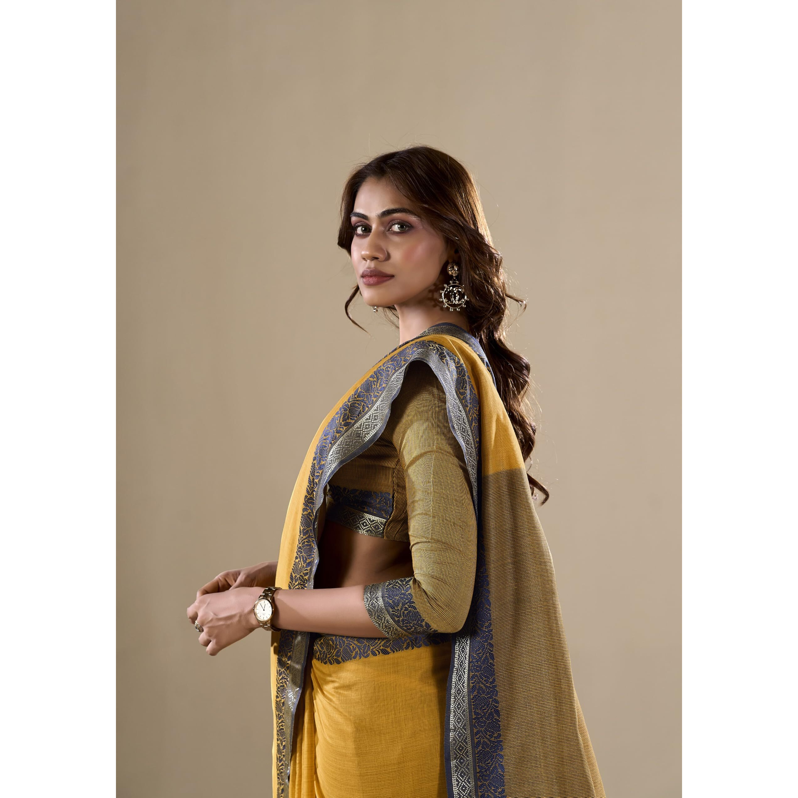 Pujia Mills Women's Handloom Cotton Saree With Contrast Weaving Border Indian Ethnic Wear Saree Office Wear Cotton Saree With Unstitch Blouse Piece Casual Saree Yellow Plain Cotton Simple Saree