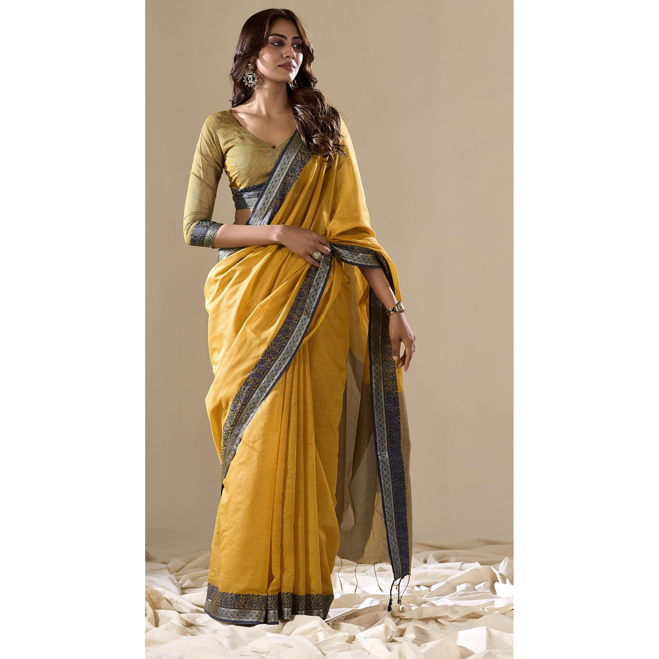 Pujia Mills Women's Handloom Cotton Saree With Contrast Weaving Border Indian Ethnic Wear Saree Office Wear Cotton Saree With Unstitch Blouse Piece Casual Saree Yellow Plain Cotton Simple Saree