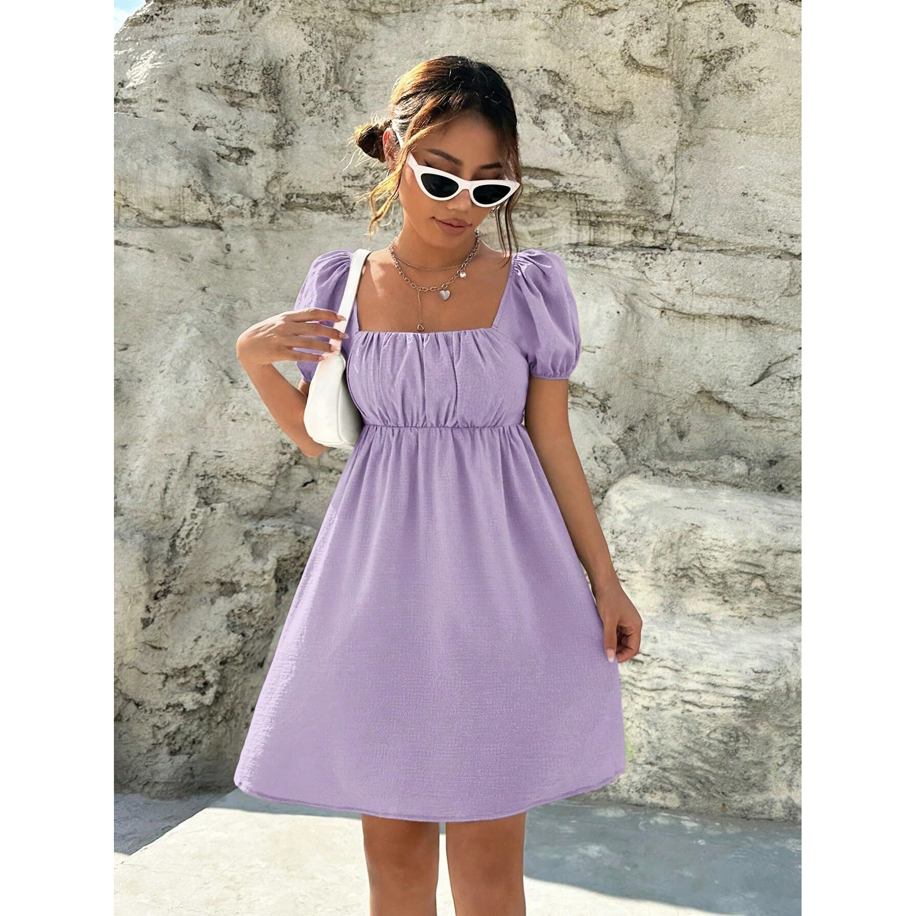 Shasmi Women's & Girl's Dress For Women L One Piece Dress For Women L Beach Dress For Women, Solid Textured Puff Sleeve Square Neck Midi Dress (Dress 115 Purple-Xl)
