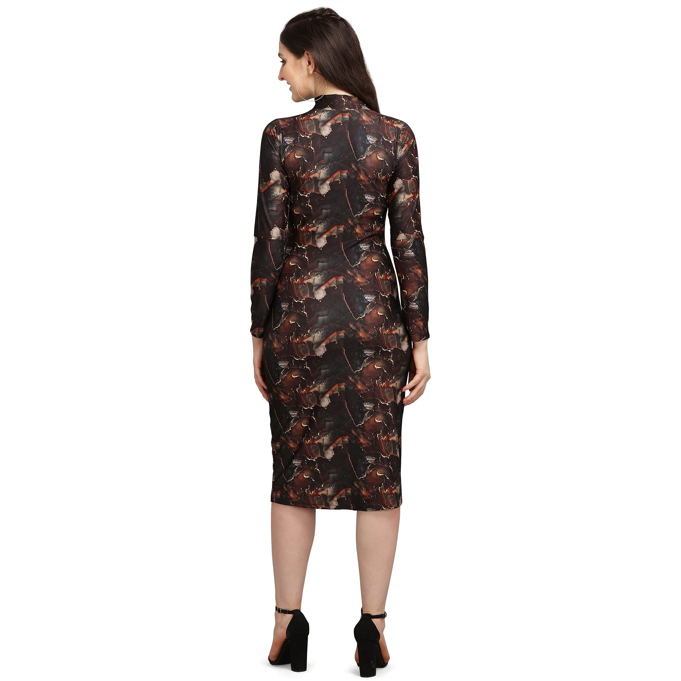 Purvaja Women's Polyester Blend Bodycon Knee Length Cocktail Dress (Siri-Turtle-Coco-L_Dark Brown