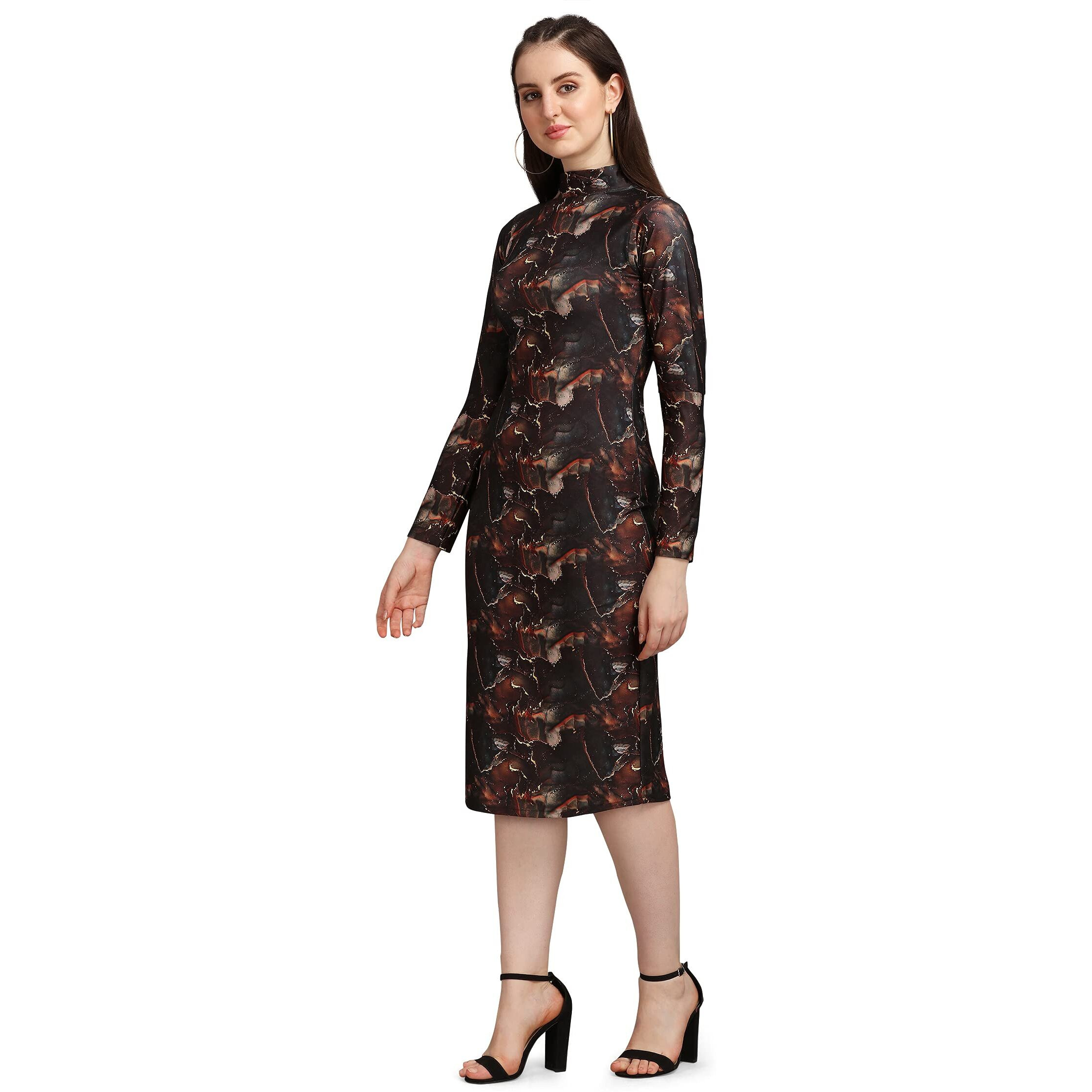 Purvaja Women's Polyester Blend Bodycon Knee Length Cocktail Dress (Siri-Turtle-Coco-L_Dark Brown