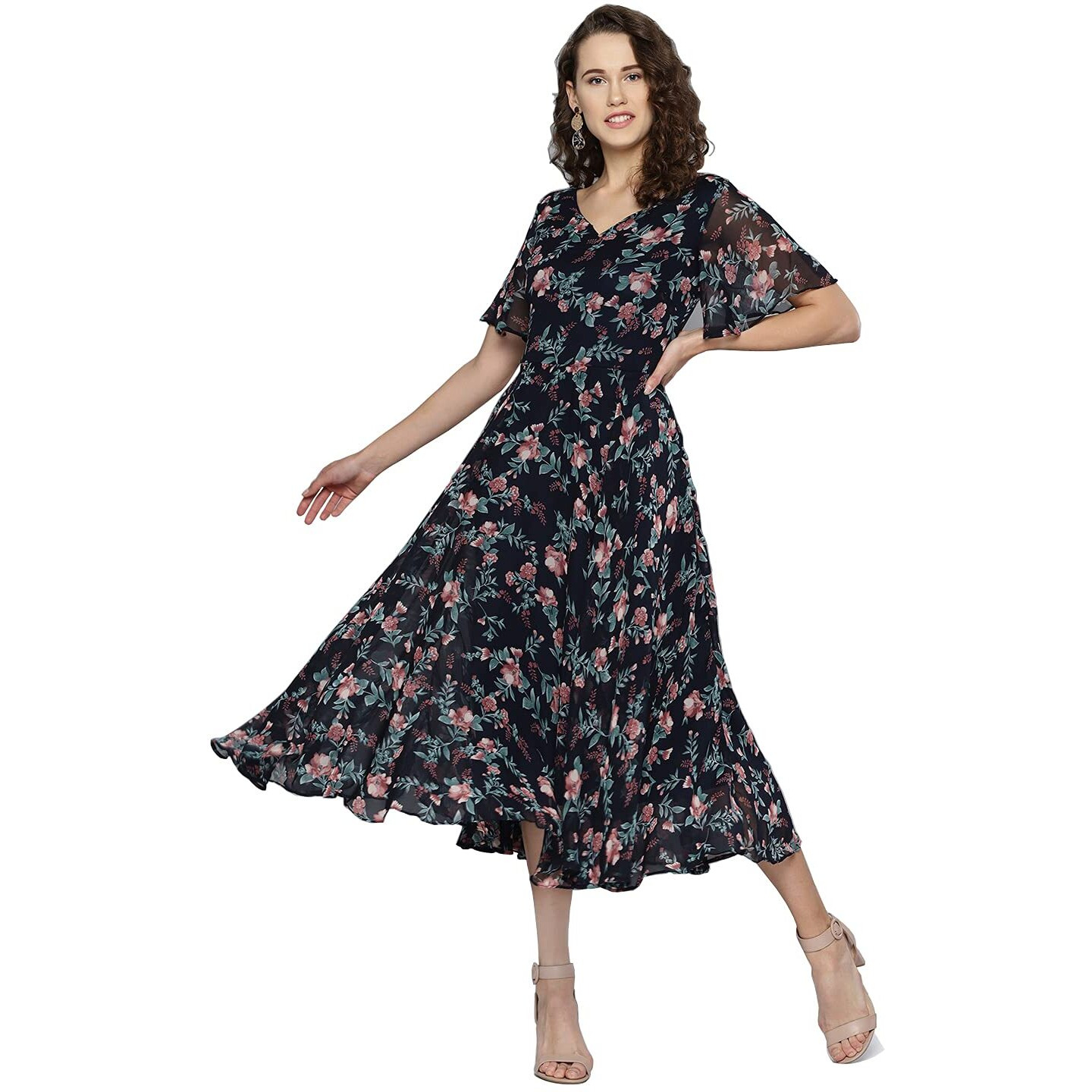 Rare Women's Georgette Fit And Flare Midi Casual Dress (Ep6006_Navy Blue_Small)