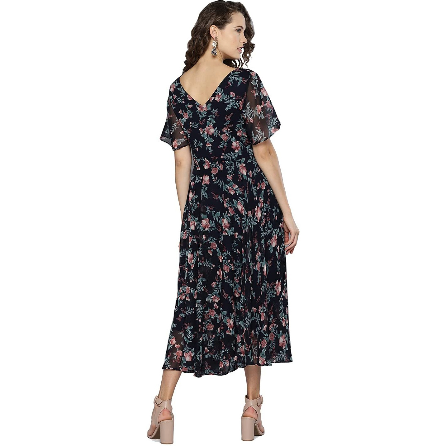 Rare Women's Georgette Fit And Flare Midi Casual Dress (Ep6006_Navy Blue_Small)