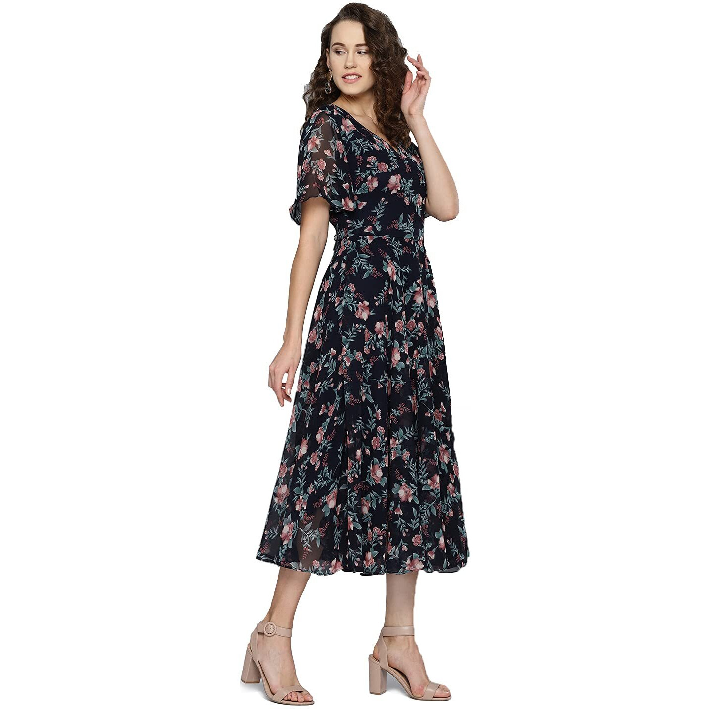 Rare Women's Georgette Fit And Flare Midi Casual Dress (Ep6006_Navy Blue_Small)