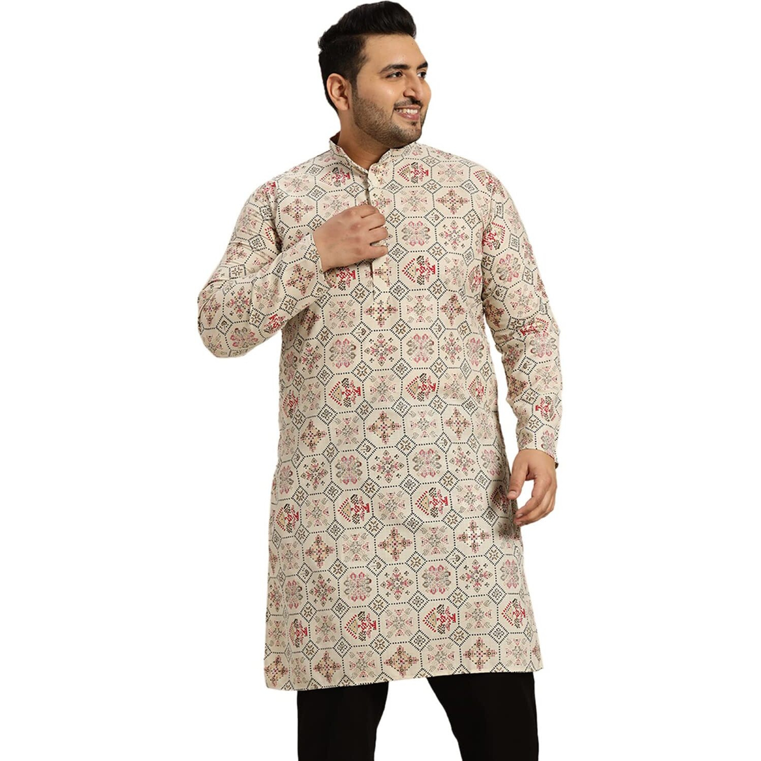 Sojanya Plus (Since 1958) Men's Cotton Linen Cream And Multi Printed Only Long Kurta