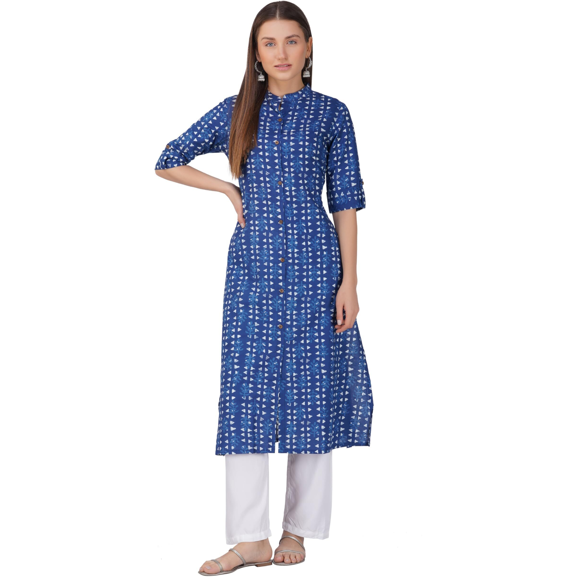 Rytras Women's Printed A-Line Kurta(Blue-1,S)