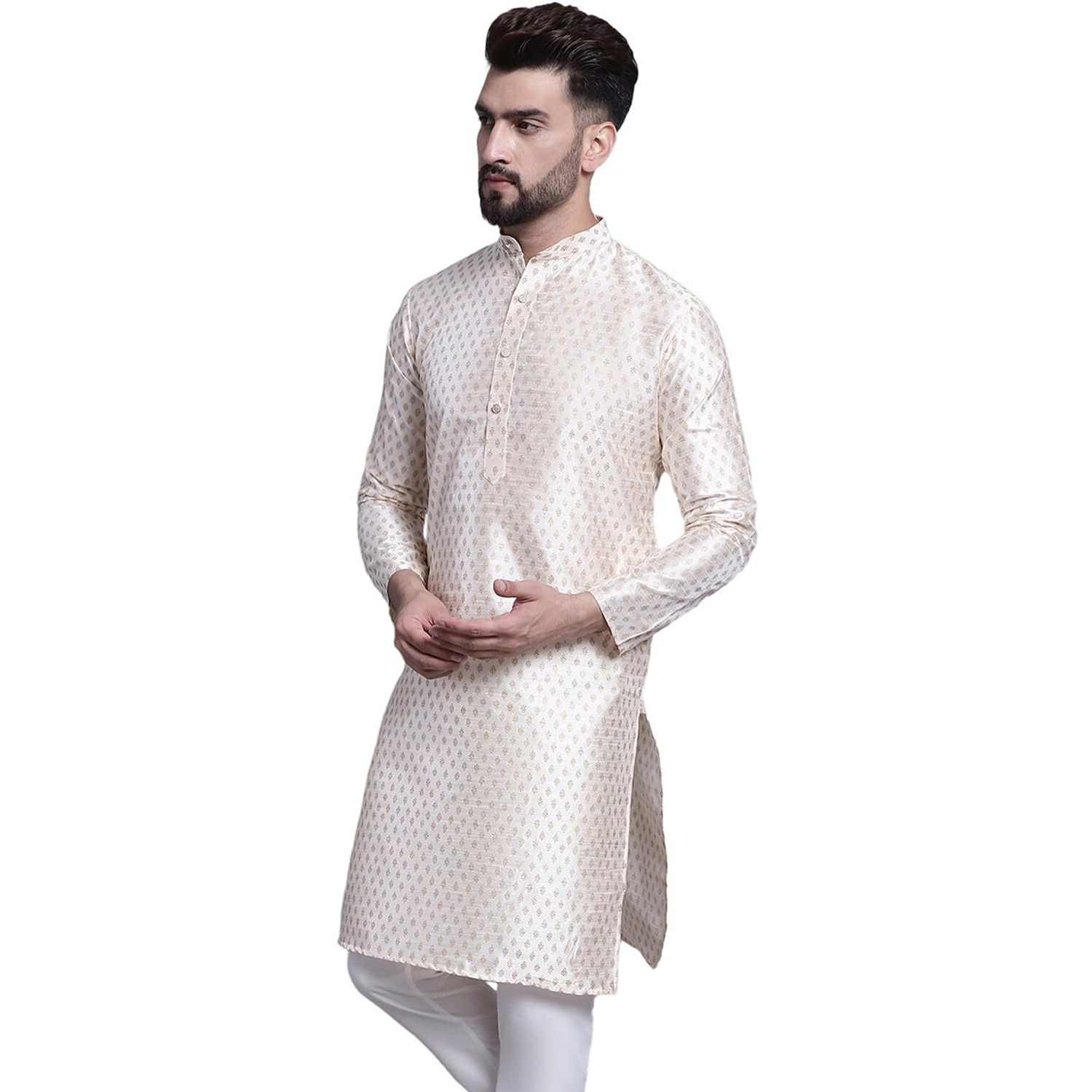 Sojanya (Since 1958 Men's Silk Blend Cream Printed Only Long Kurta