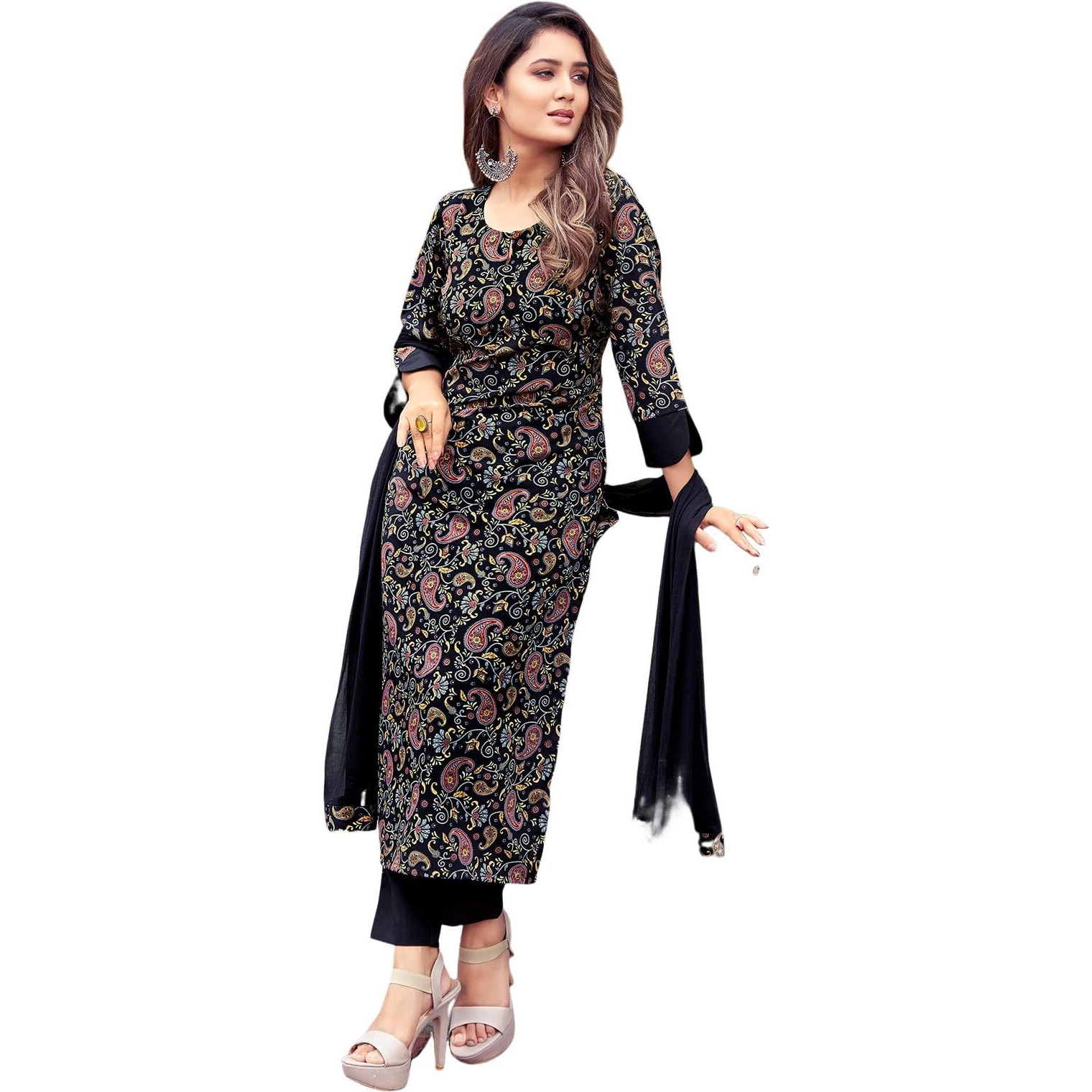 Sanisa Women's Crepe Printed Straight Kurta With Pant And Dupatta Set (100Kbd1095Nr-Xl_Black & Multi)