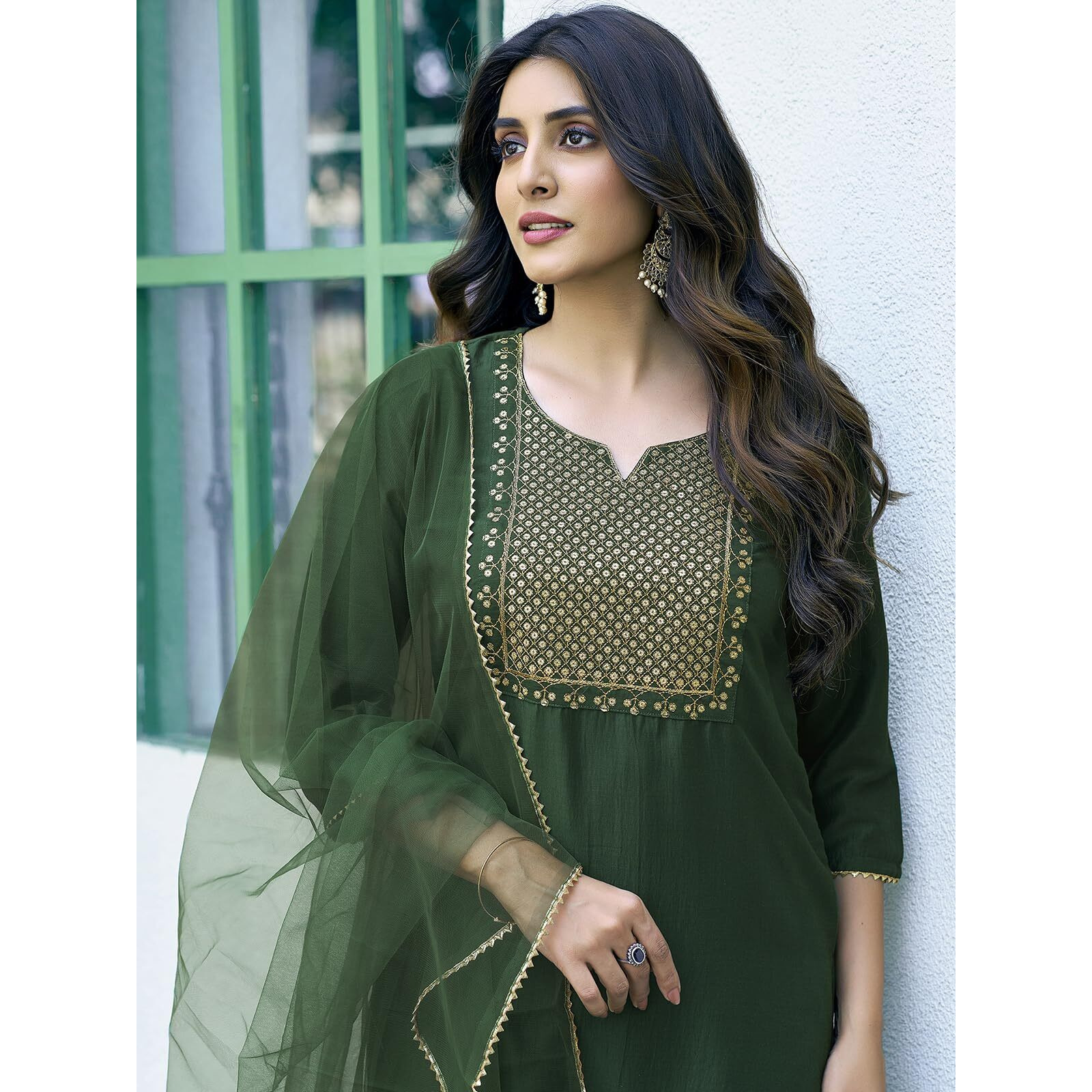 Sanisa Women's Chinnon Sequence Embroidery Work Straight Kurta With Pant And Dupatta (155Kbd1673N-S_Dark Green3)