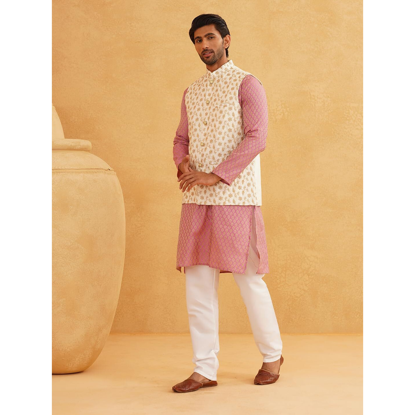 Sojanya (Since 1958 Men's Silk Blend Pink Self Design Kurta & Cream Embroidery Nehru Jacket With Off-White Churidar Pyjama