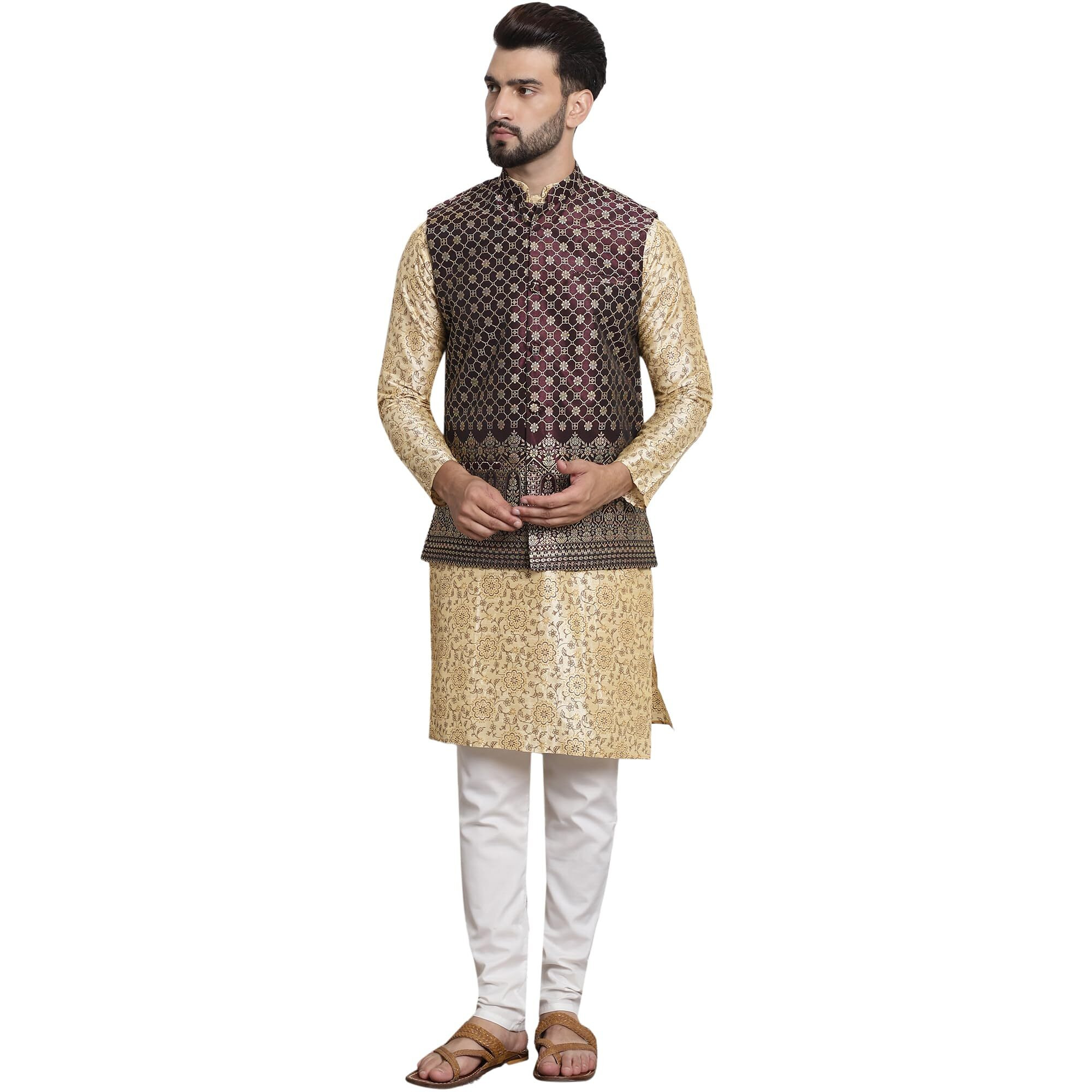 Sojanya (Since 1958 Men's Silk Blend Print Beige Kurta And Off-White Pyjama With Wine Nehrujacket