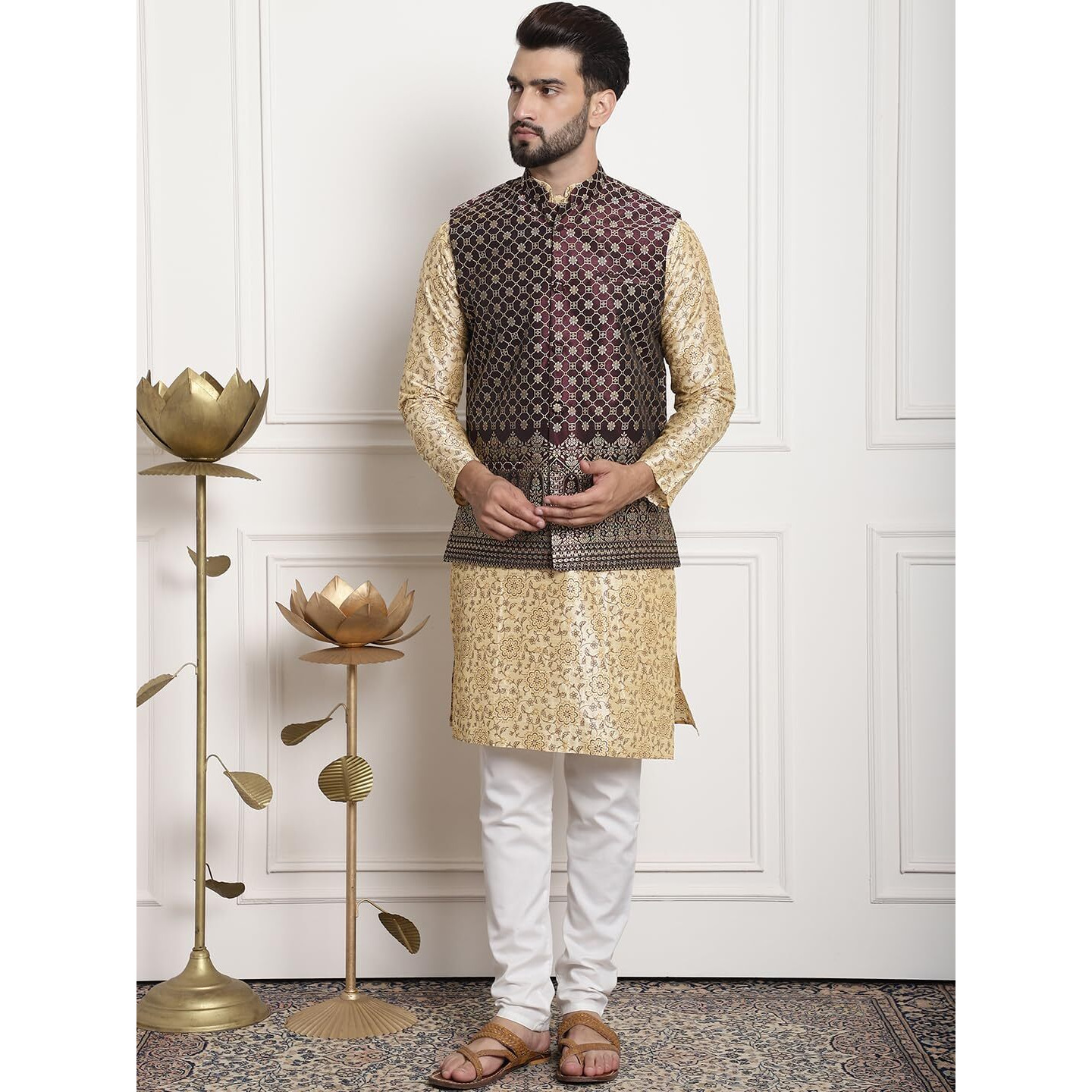 Sojanya (Since 1958 Men's Silk Blend Print Beige Kurta And Off-White Pyjama With Wine Nehrujacket