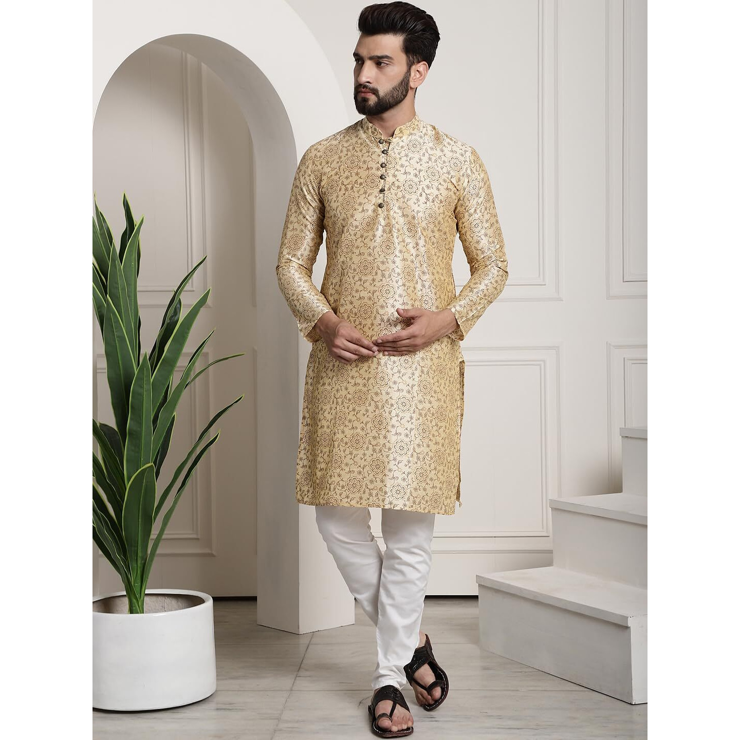 Sojanya (Since 1958 Men's Silk Blend Print Beige Kurta And Off-White Pyjama With Wine Nehrujacket