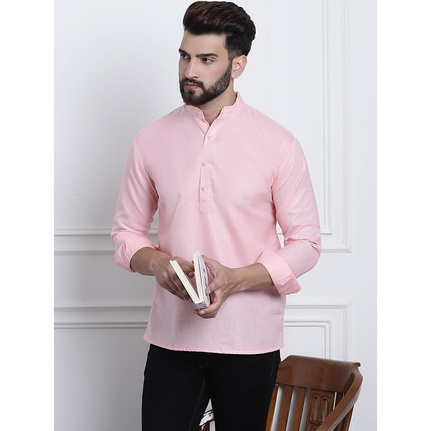 Sojanya (Since 1958, Men's Cotton Blend Pink Solid Only Short Kurta