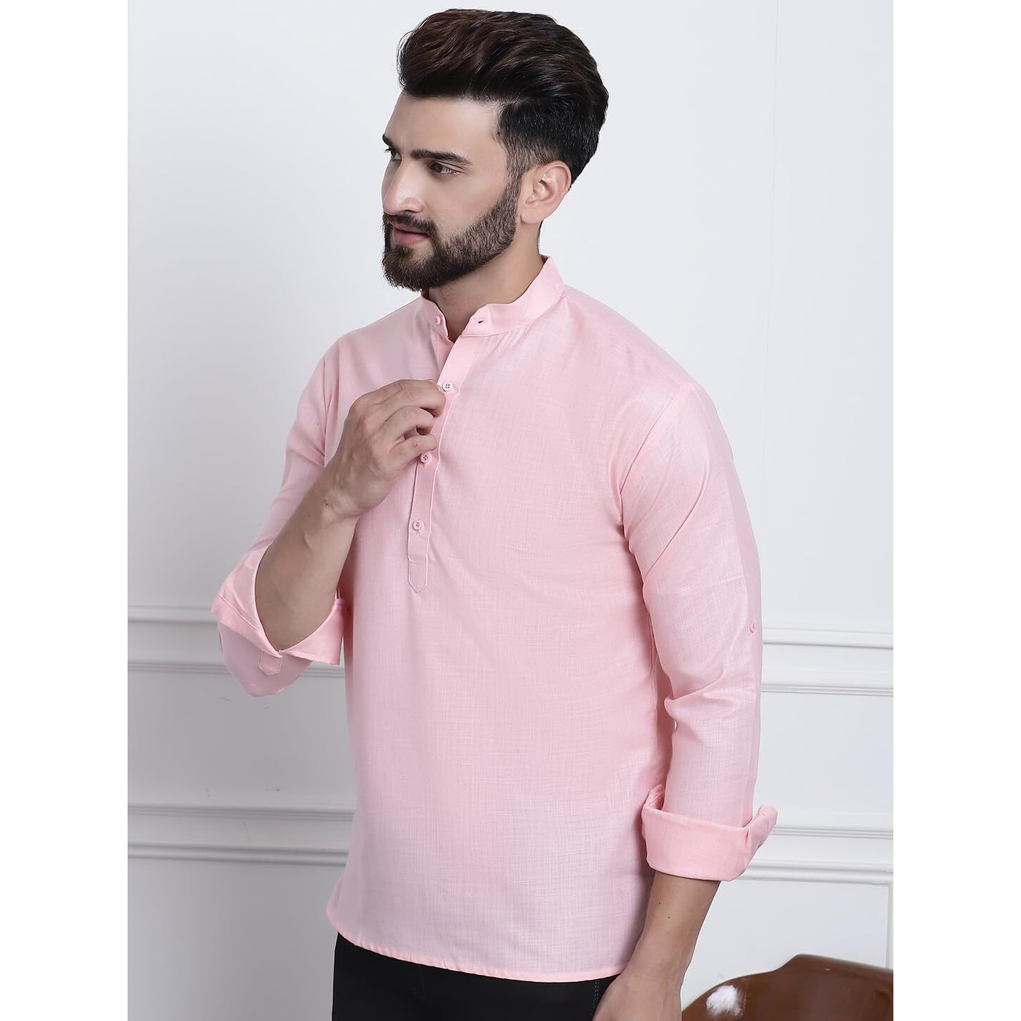 Sojanya (Since 1958, Men's Cotton Blend Pink Solid Only Short Kurta
