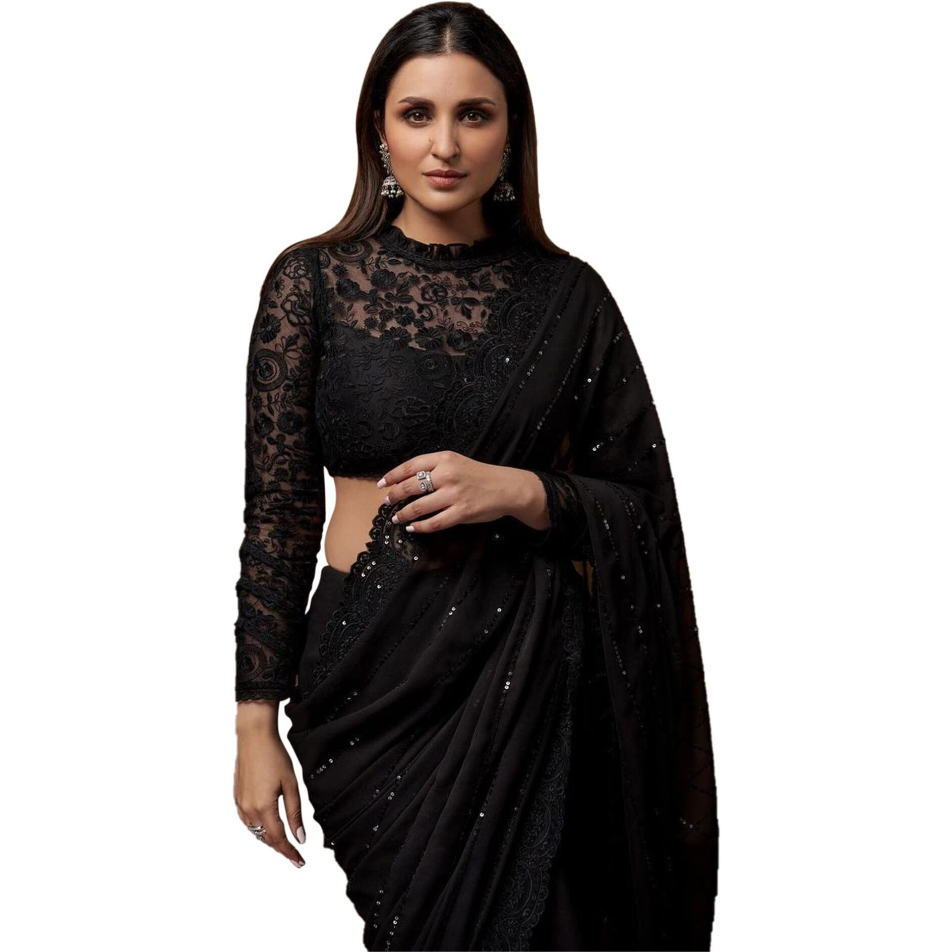 Satrani Women's Embroidered Georgette Saree With Unstitched Blouse Piece (2845S243_Black)