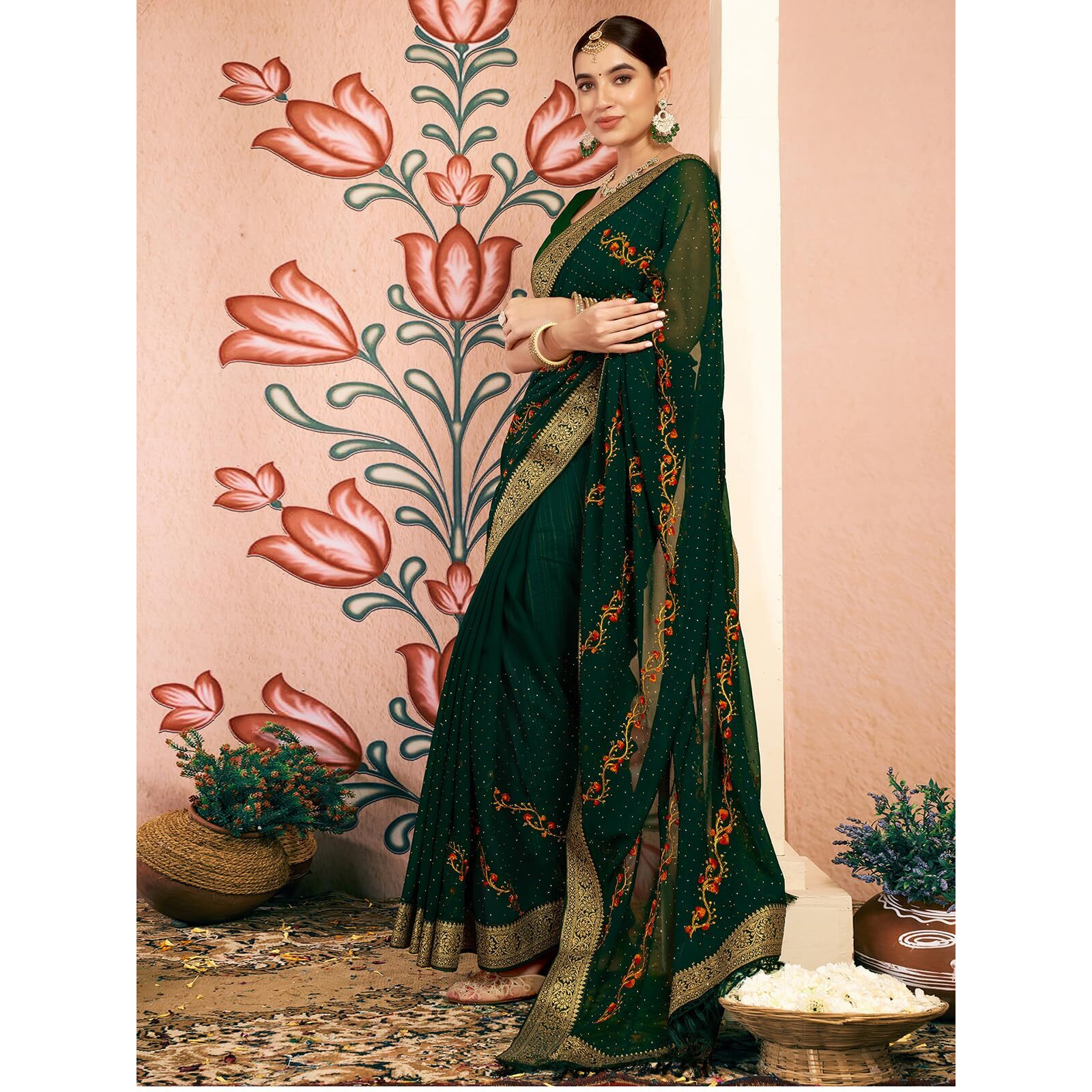 Satrani Women's Georgette Embroidery & Stone Work Saree With Unstitched Blouse Piece (4065S2831N_Dark Green)