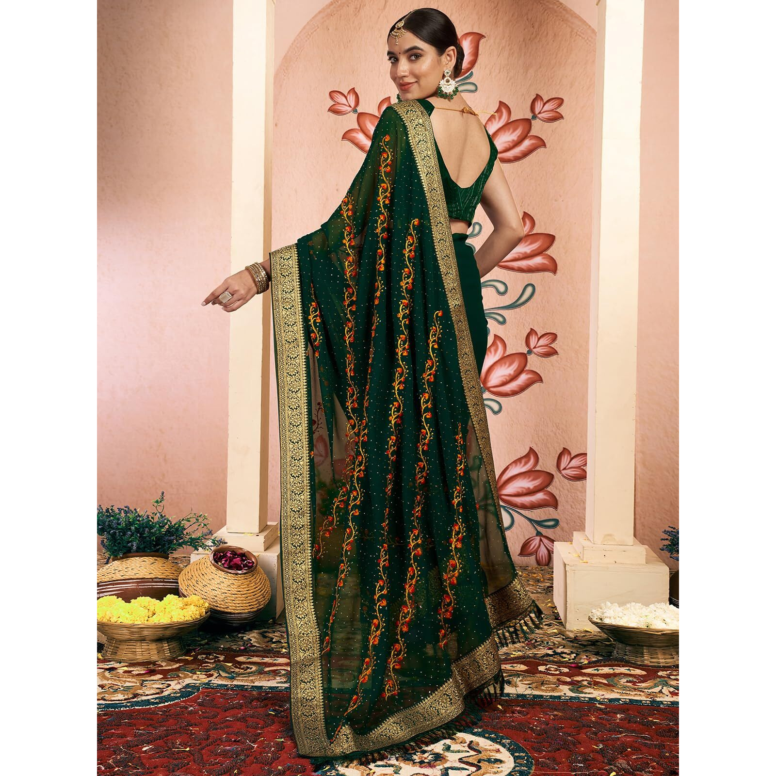 Satrani Women's Georgette Embroidery & Stone Work Saree With Unstitched Blouse Piece (4065S2831N_Dark Green)