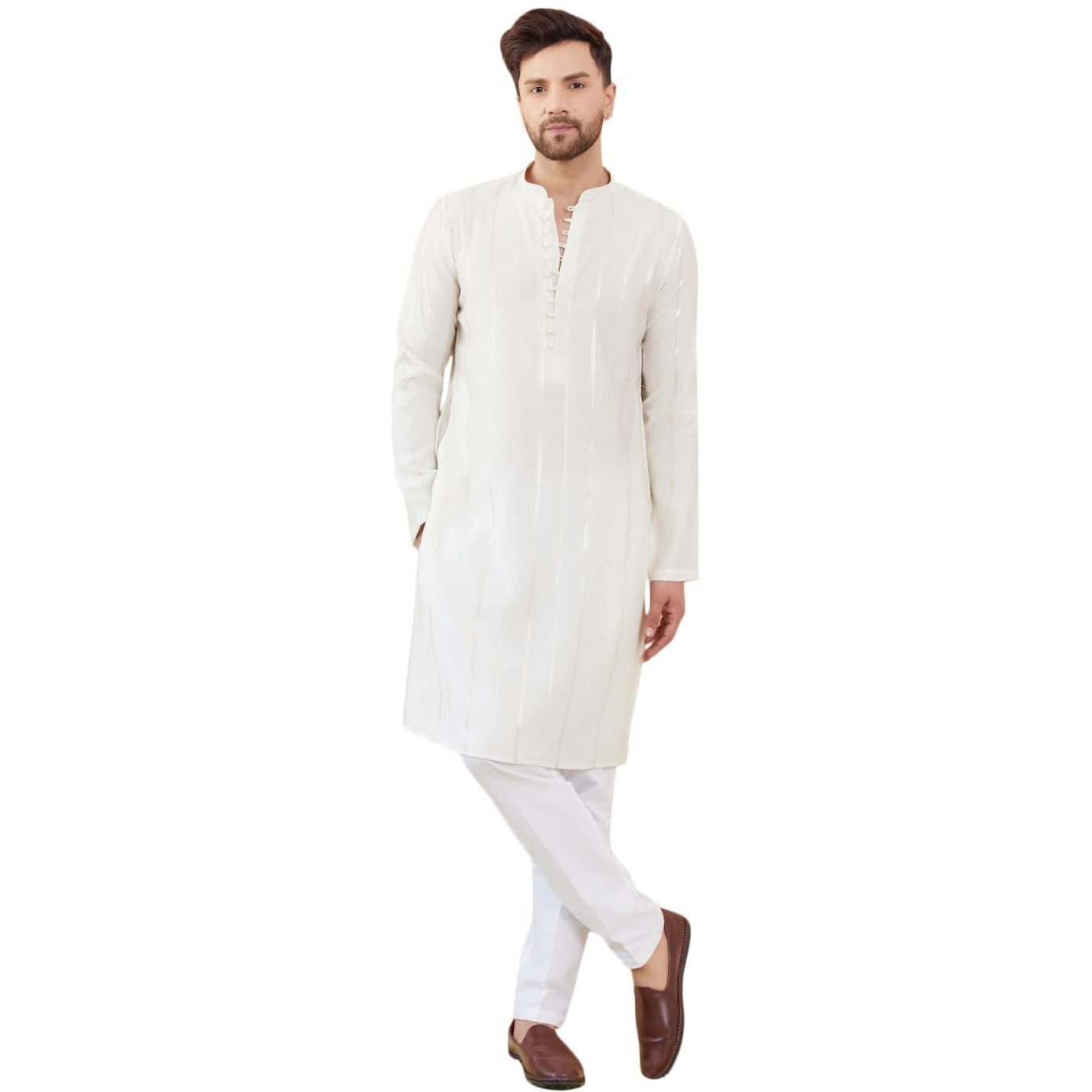 See Designs Men Full Sleeve Side Slit Off White And Gold Chanderi Silk Sequins Mandarin Collar Kurta - Sd2Kt_2437Xs
