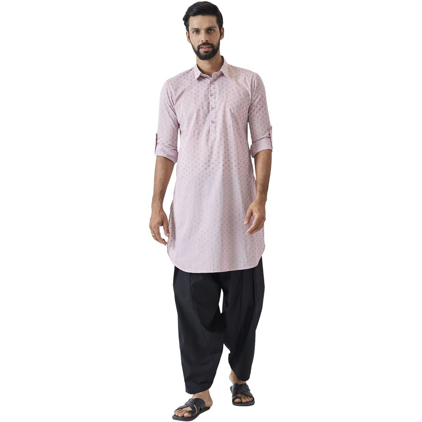 See Designs Men Spread Collar Baby Pink Regular Pure Cotton Pathani Full Sleeve Kurta With Black Salwar - Sd2Mpkt_114704M