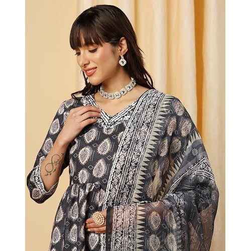 Tadkee Women's Cotton Blend Kurta Set (Fn-Kurta-Set-Dupatta-133-Grey-L_Grey_L)