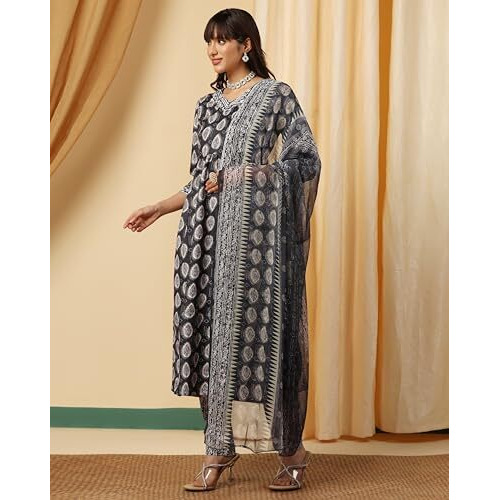 Tadkee Women's Cotton Blend Kurta Set (Fn-Kurta-Set-Dupatta-133-Grey-L_Grey_L)