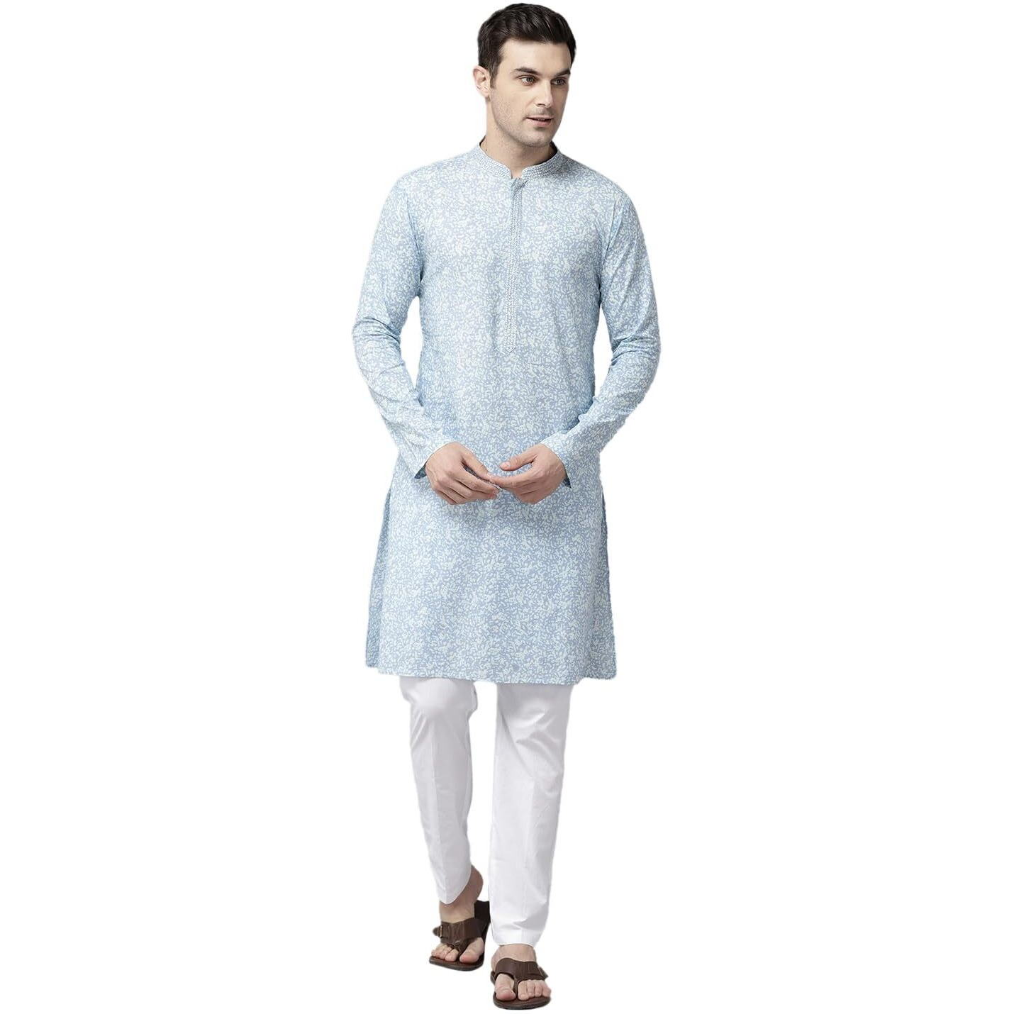 See Designs Men Full Sleeve Side Slit Sky Blue & White Pure Cotton Embroidered Staright Mandarin Collar Kurta - Sd2Mekt_1268Xl
