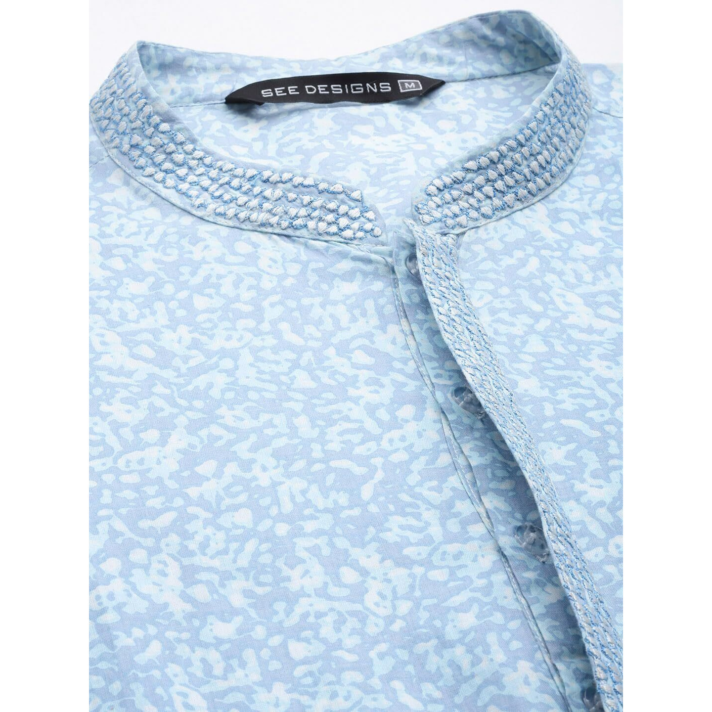 See Designs Men Full Sleeve Side Slit Sky Blue & White Pure Cotton Embroidered Staright Mandarin Collar Kurta - Sd2Mekt_1268Xl