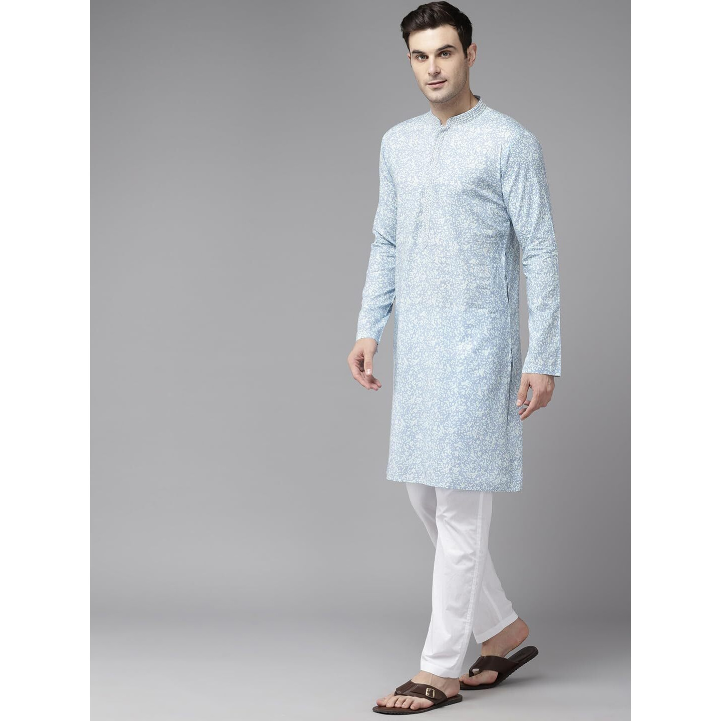 See Designs Men Full Sleeve Side Slit Sky Blue & White Pure Cotton Embroidered Staright Mandarin Collar Kurta - Sd2Mekt_1268Xl