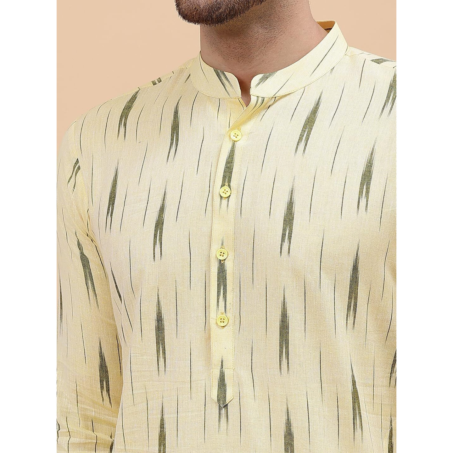 See Designs Cream & Black Cotton Regular Fit Mandarin Collar Printed Kurta Set Long Sleeves_Sdkt124002M