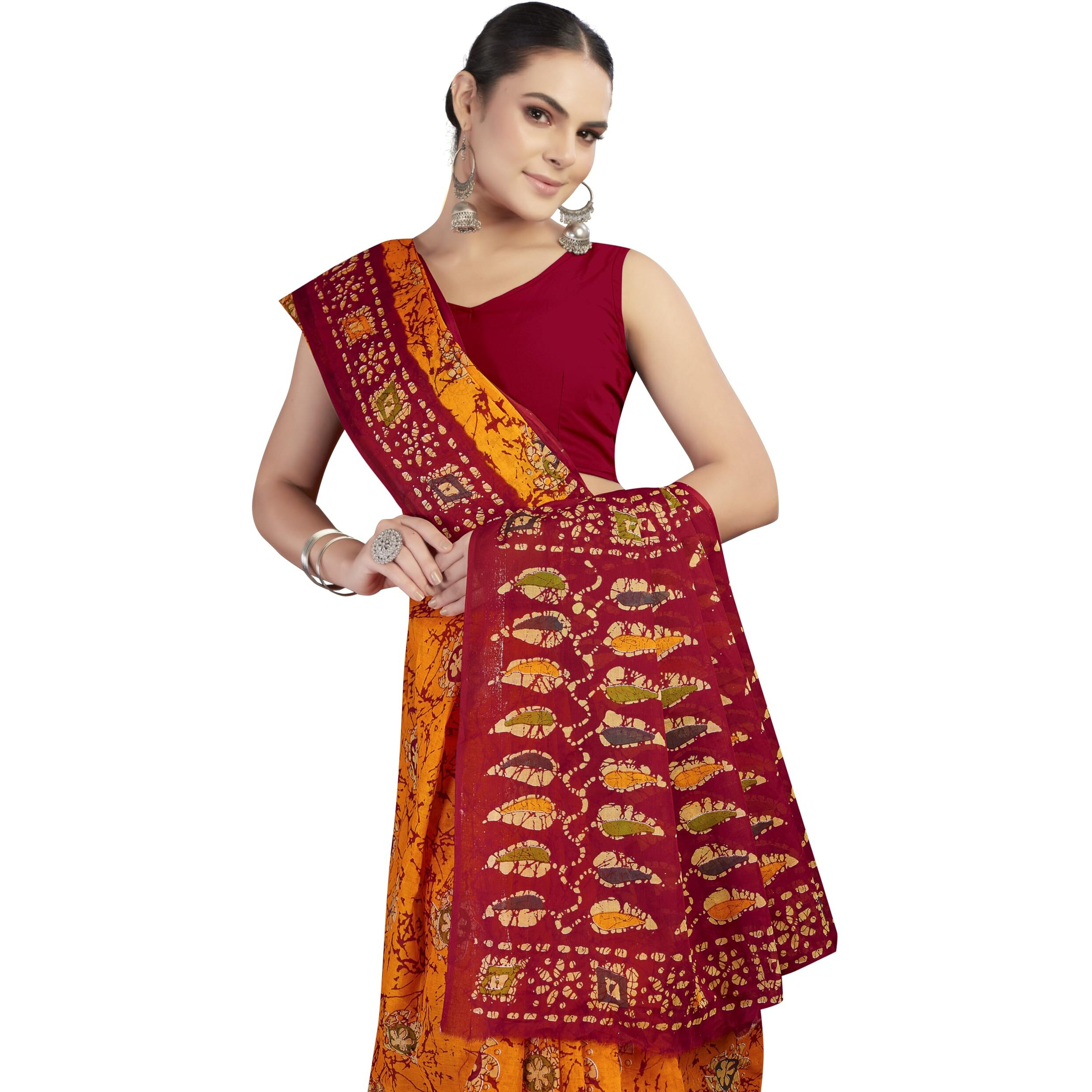 Tamaira Fashion Women's Batik Printed Pure Cotton Mulmul Saree Without Blouse Piece(Ab47_Golden)