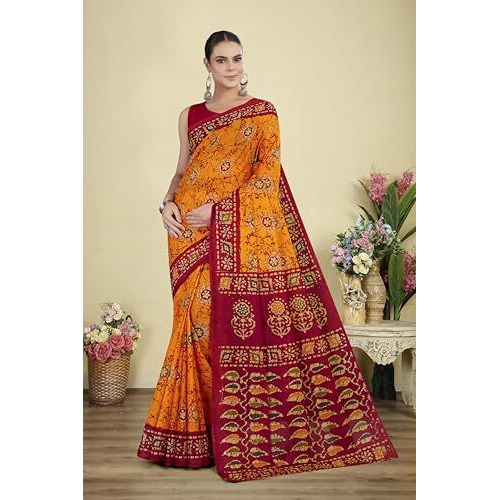 Tamaira Fashion Women's Batik Printed Pure Cotton Mulmul Saree Without Blouse Piece(Ab47_Golden)