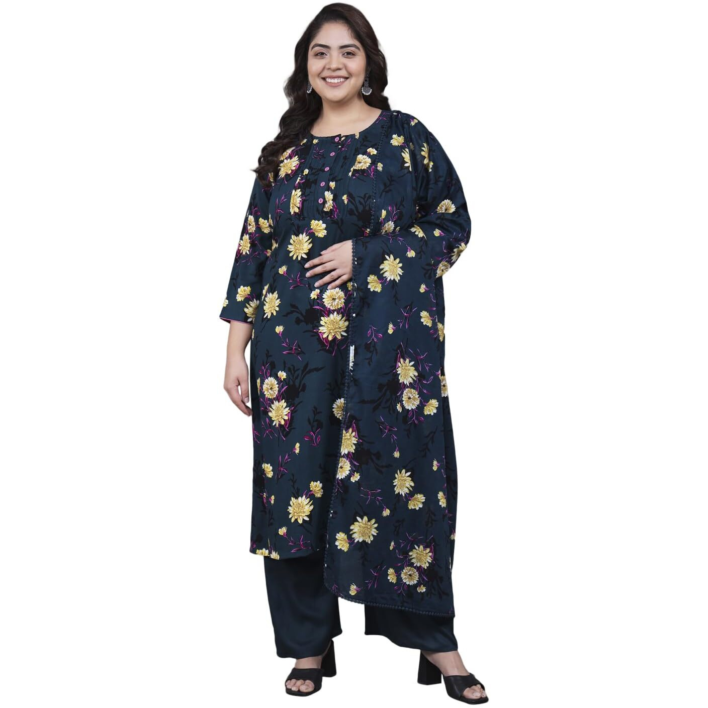Tissu Women's Plus Size Navy Floral Printed Kurta & Palazzo With Dupatta (T_683_Dark Blue_6Xl)