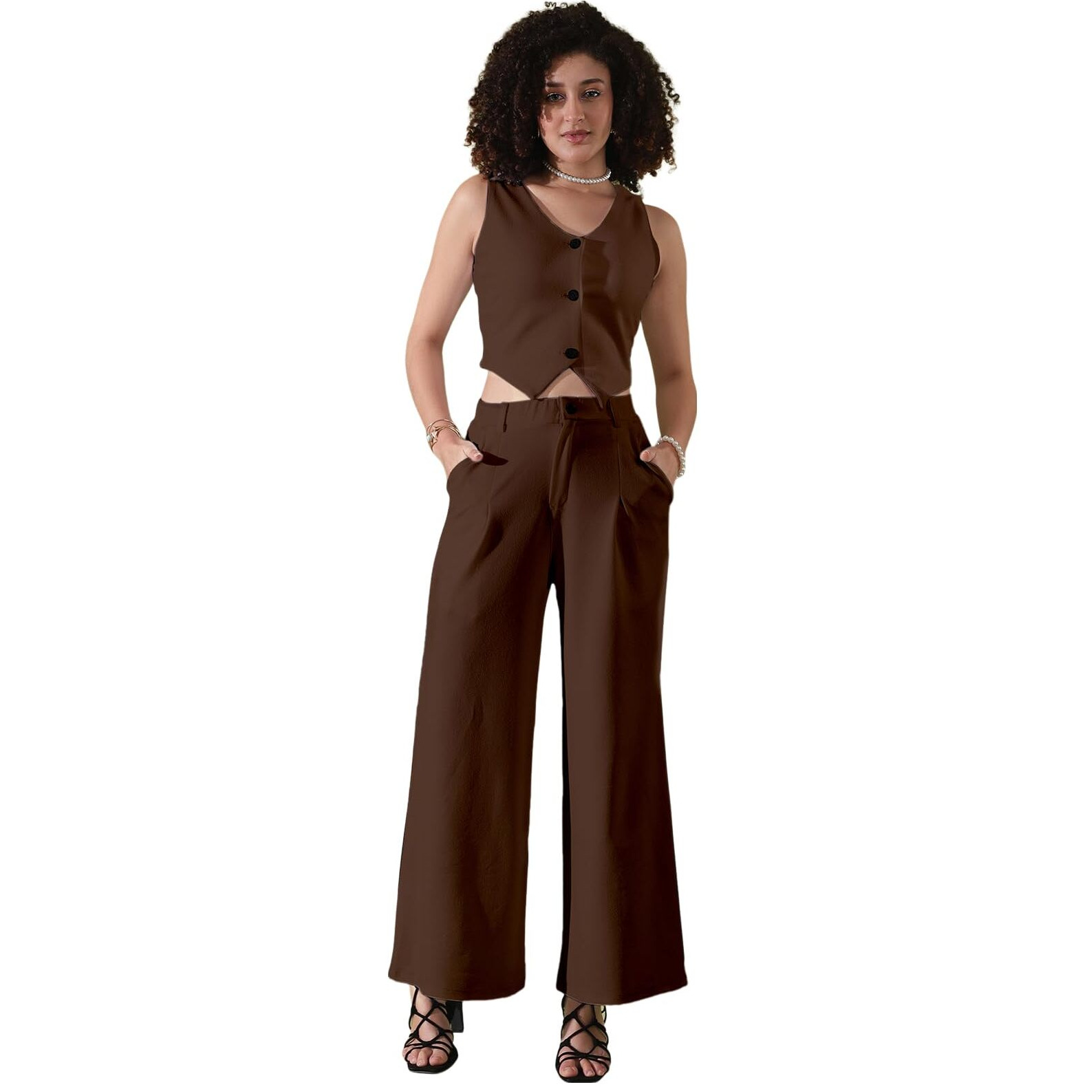Selvia Women's Co-Ords Set|Lycra V-Neck Solid Crop Top And Pant Set|Formal Co-Ords Set For Women|Two Piece Co-Ord Set|Top & Trouser Set(640Ctk11283N-S_Brown)