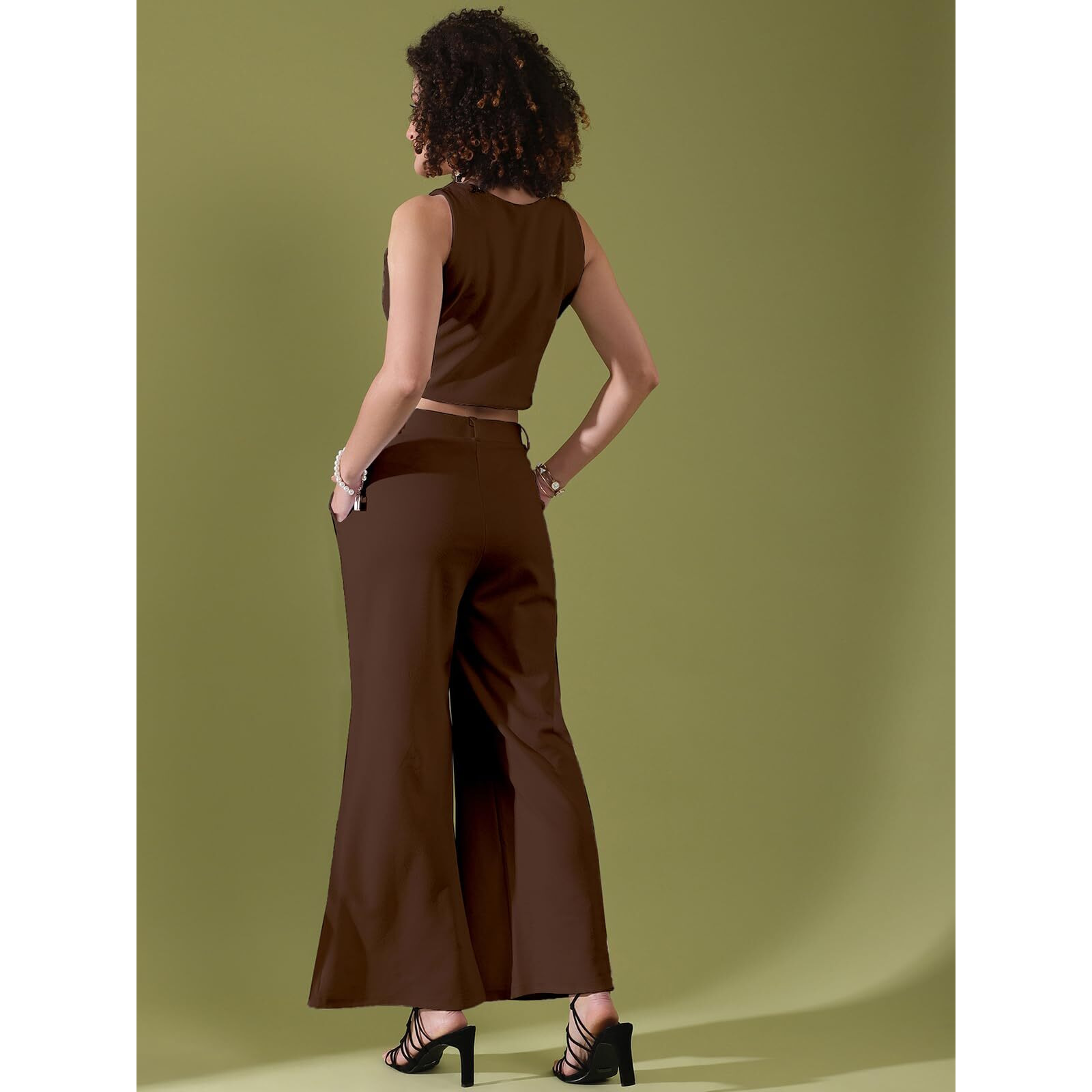 Selvia Women's Co-Ords Set|Lycra V-Neck Solid Crop Top And Pant Set|Formal Co-Ords Set For Women|Two Piece Co-Ord Set|Top & Trouser Set(640Ctk11283N-S_Brown)