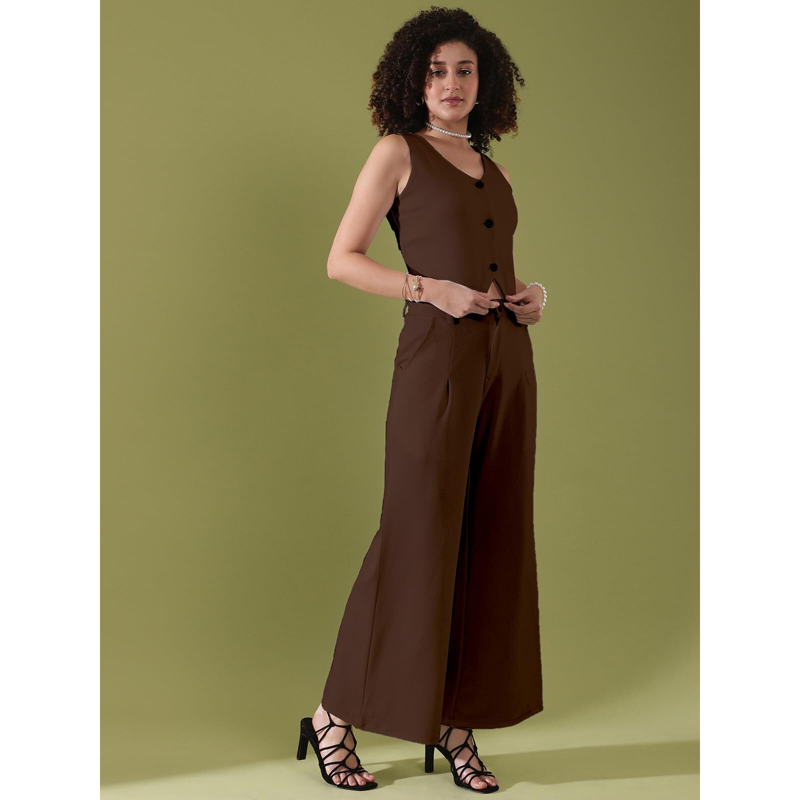 Selvia Women's Co-Ords Set|Lycra V-Neck Solid Crop Top And Pant Set|Formal Co-Ords Set For Women|Two Piece Co-Ord Set|Top & Trouser Set(640Ctk11283N-S_Brown)