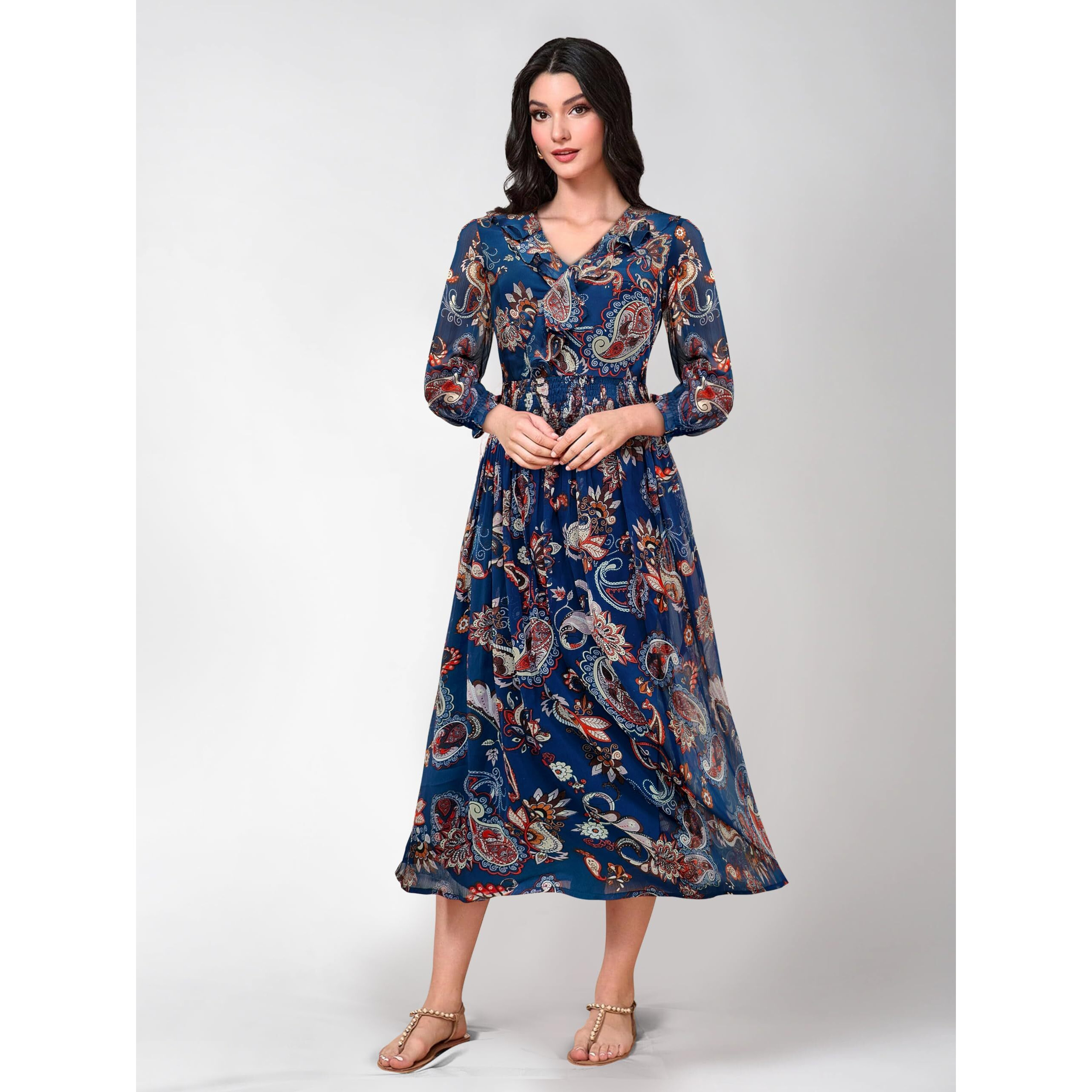 Toochki Navy Blue Georgette Paisley Print Fit & Flared Kurti Kurta Dress For Women A Line Suitable In Summer Latest Trendy Stylish Kurtas