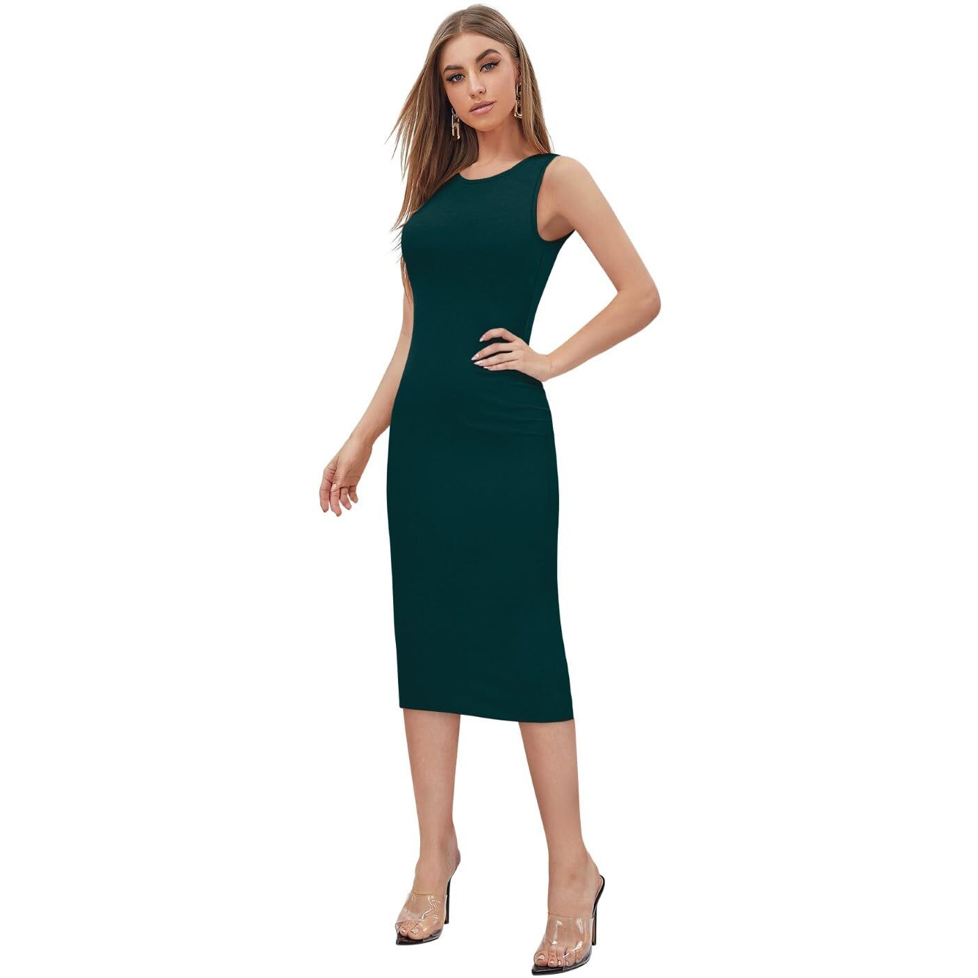 Toochki Women's Lycra Bodycon Midi Dress (Toochki246-Dr_Green