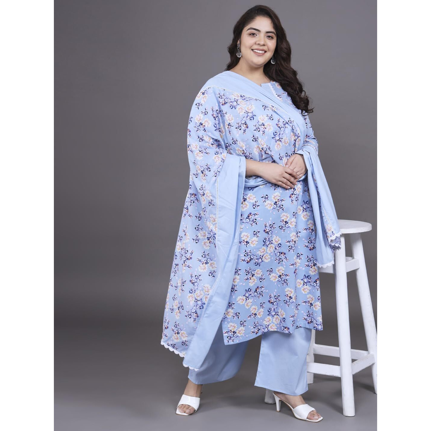 Tissu Women's Plus Size Floral Printed Pure Cotton Kurta Palazzo With Dupatta (T_674_Blue_5Xl)