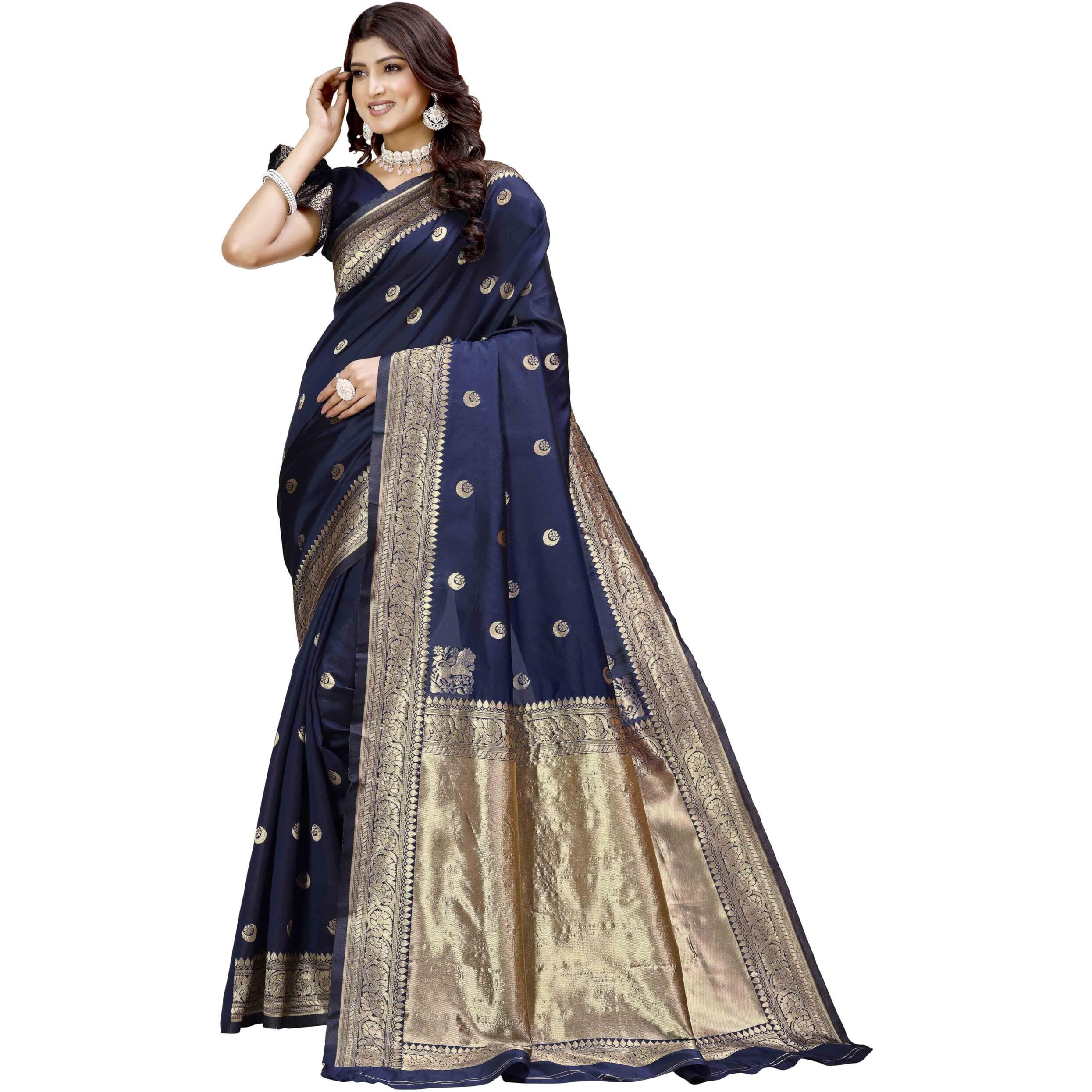 Shasmi Women's Banarasi Saree Pure Kanjivaram Silk Saree Soft New Ladies 2025 Design Wear Pattu Sarees Latest Party Sari Collections With Blouse Piece For Wedding Sadi (Pari-219 Navy Blue)