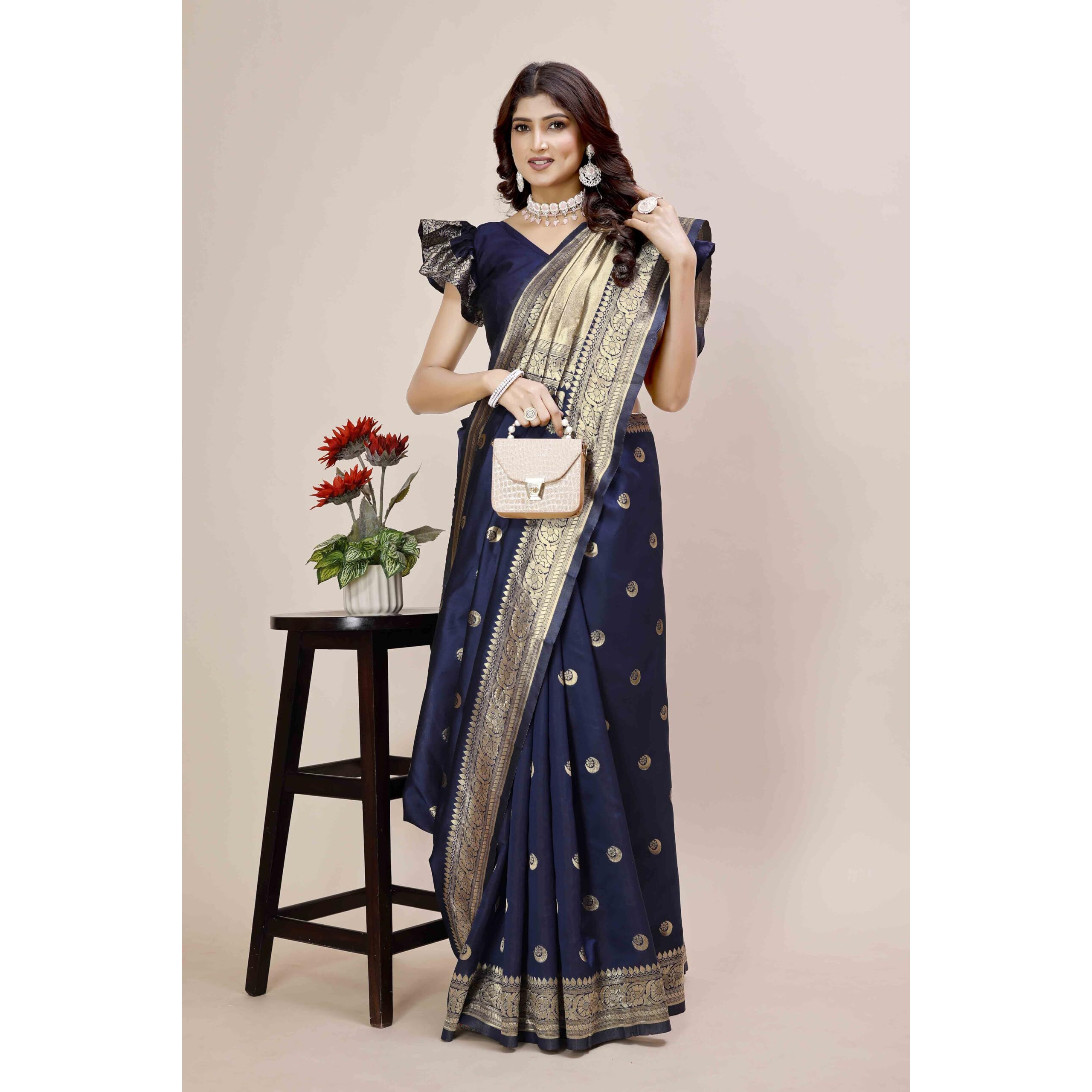 Shasmi Women's Banarasi Saree Pure Kanjivaram Silk Saree Soft New Ladies 2025 Design Wear Pattu Sarees Latest Party Sari Collections With Blouse Piece For Wedding Sadi (Pari-219 Navy Blue)