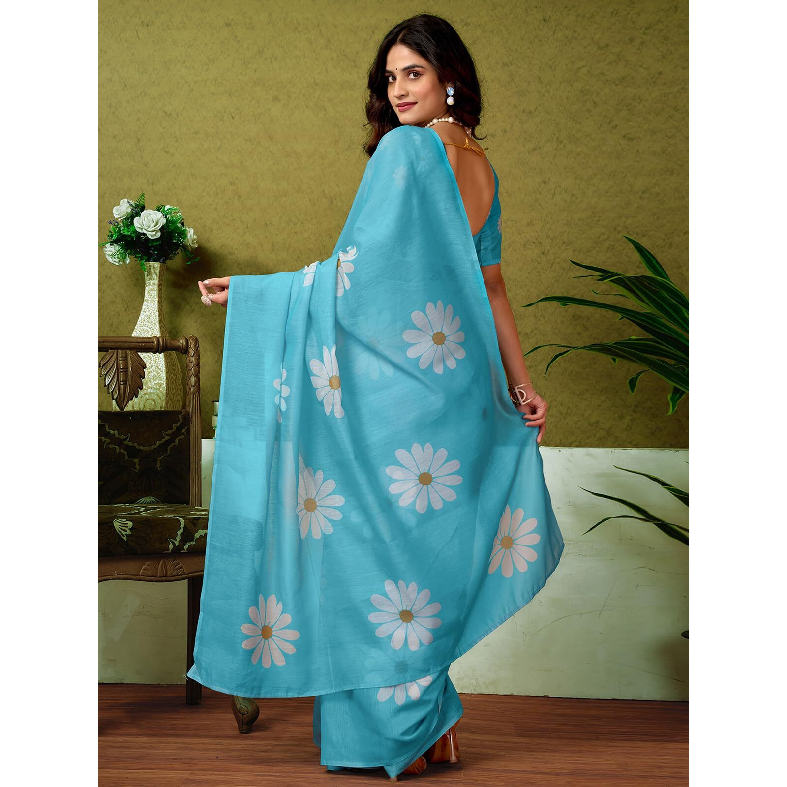 Satrani Women's Chanderi Cotton Printed Ready To Wear One Minute Pre Pleated Readymade Saree With Unstitched Blouse Piece (32Rs293N_Sky Blue)